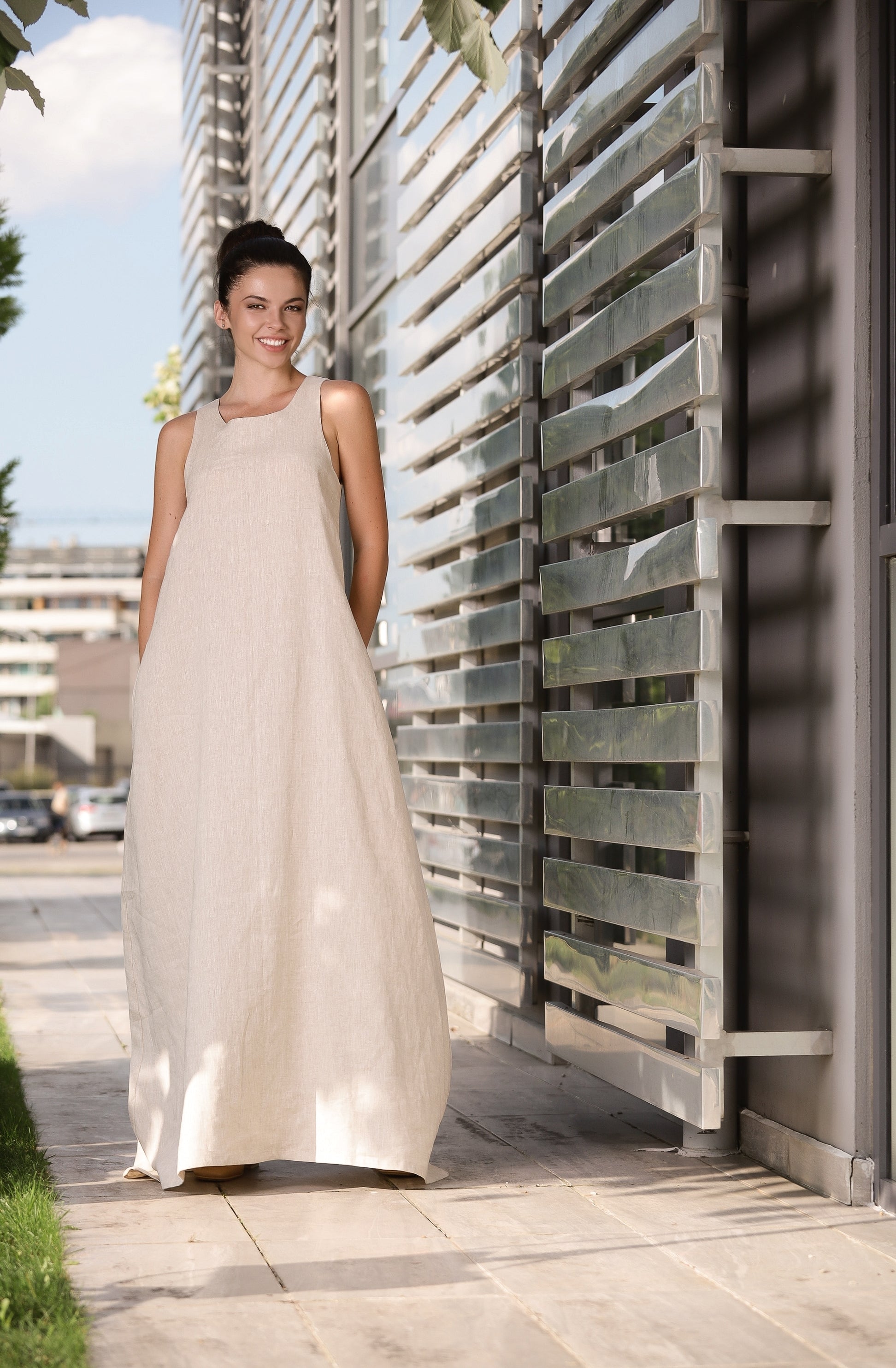 Natural Linen Maxi Dress – Sleeveless A-Line Dress with Back Tie