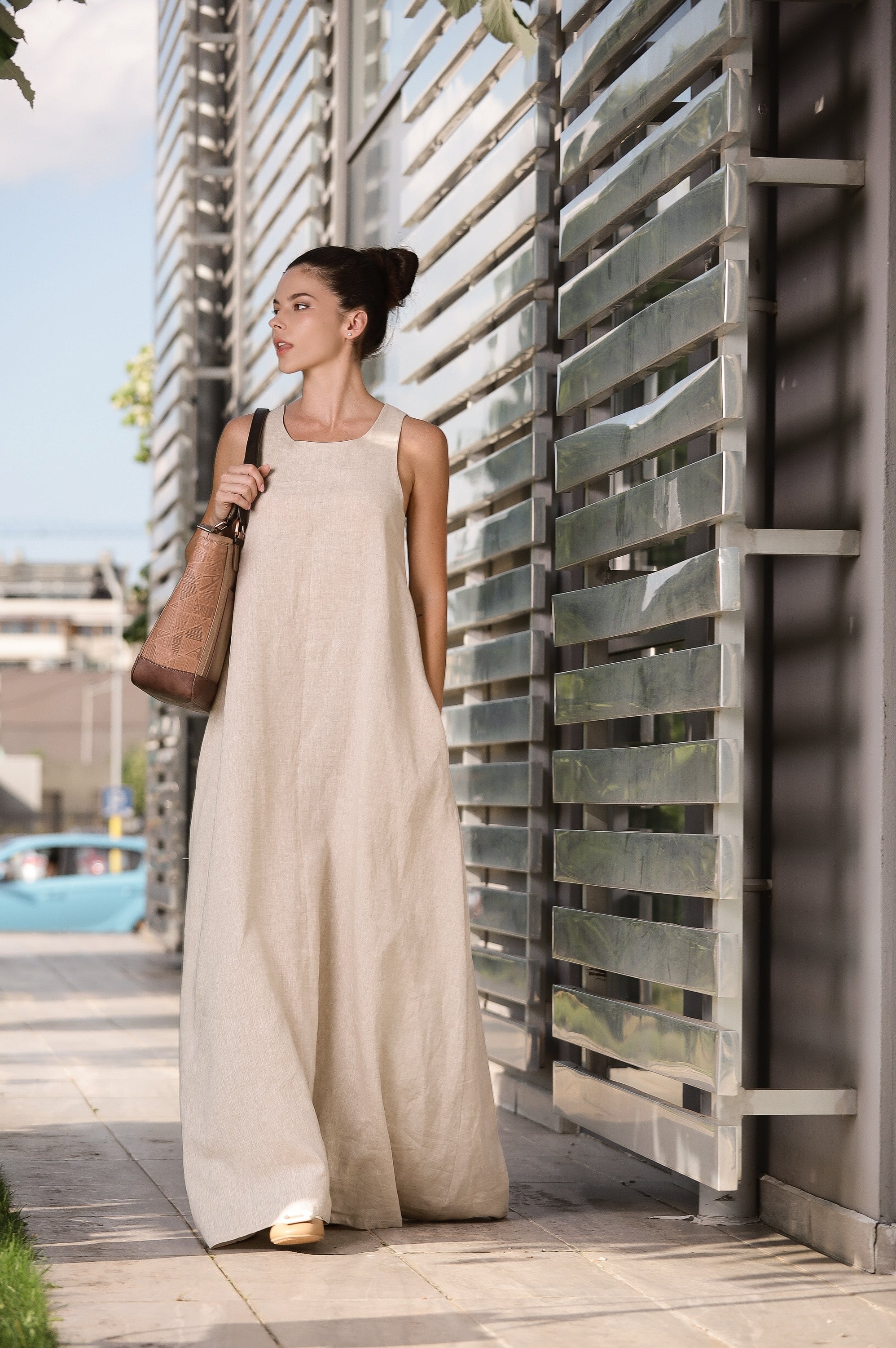Natural Linen Maxi Dress – Sleeveless A-Line Dress with Back Tie