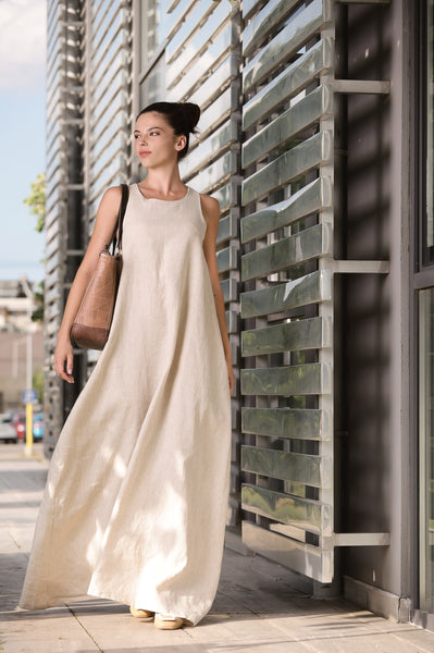 Natural Linen Maxi Dress – Sleeveless A-Line Dress with Back Tie