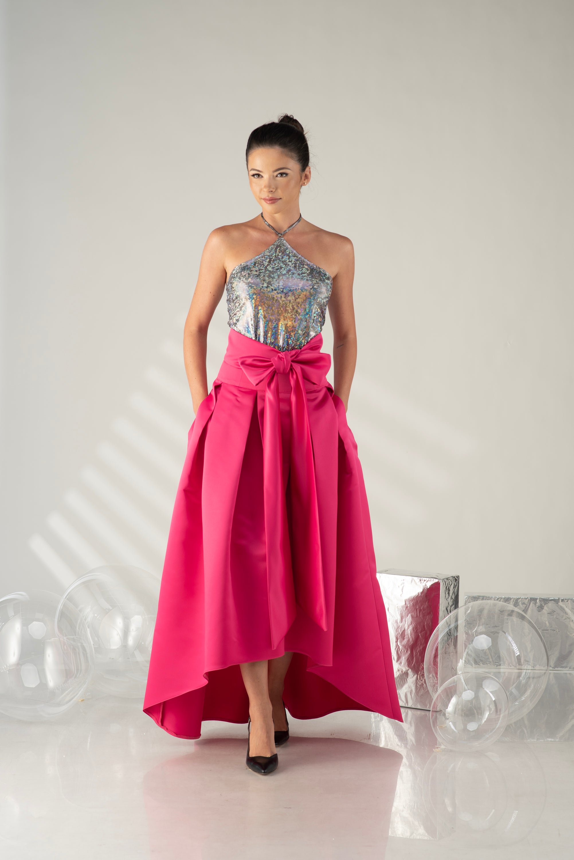 Pink High Low Formal Skirt with Bow – Elegant Occasion Skirt