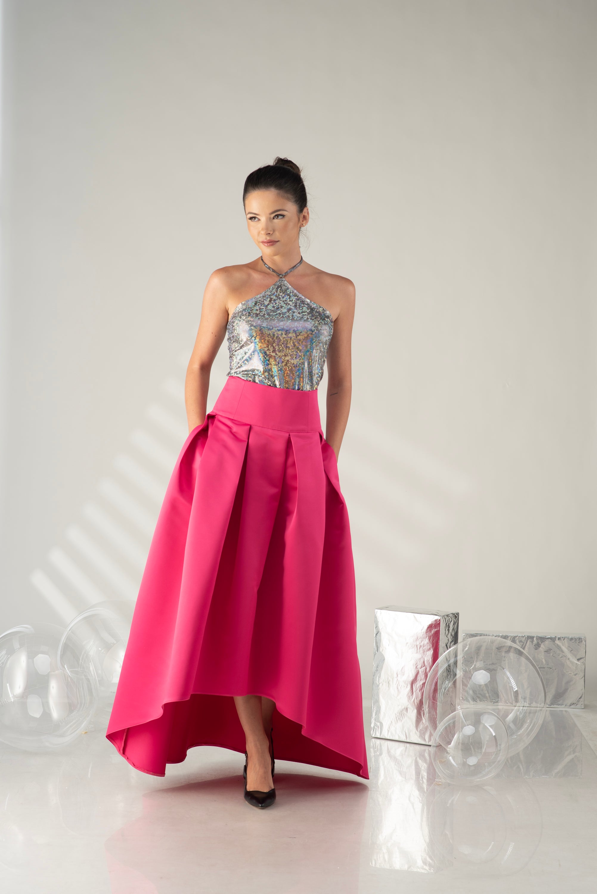 Pink Satin Wedding Guest Skirt – Statement High Low Evening Skirt