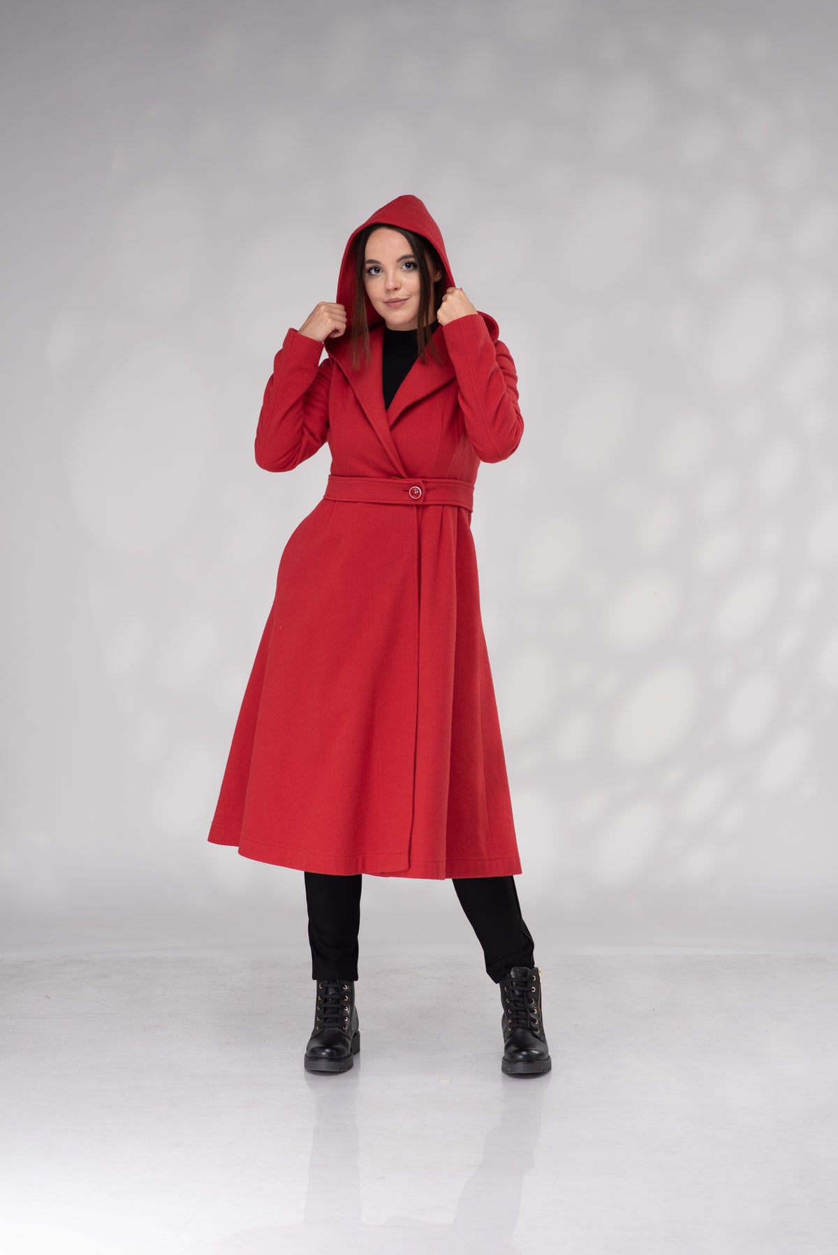 Red Hooded Wrap Coat – Women’s Belted A-Line Wool Coat