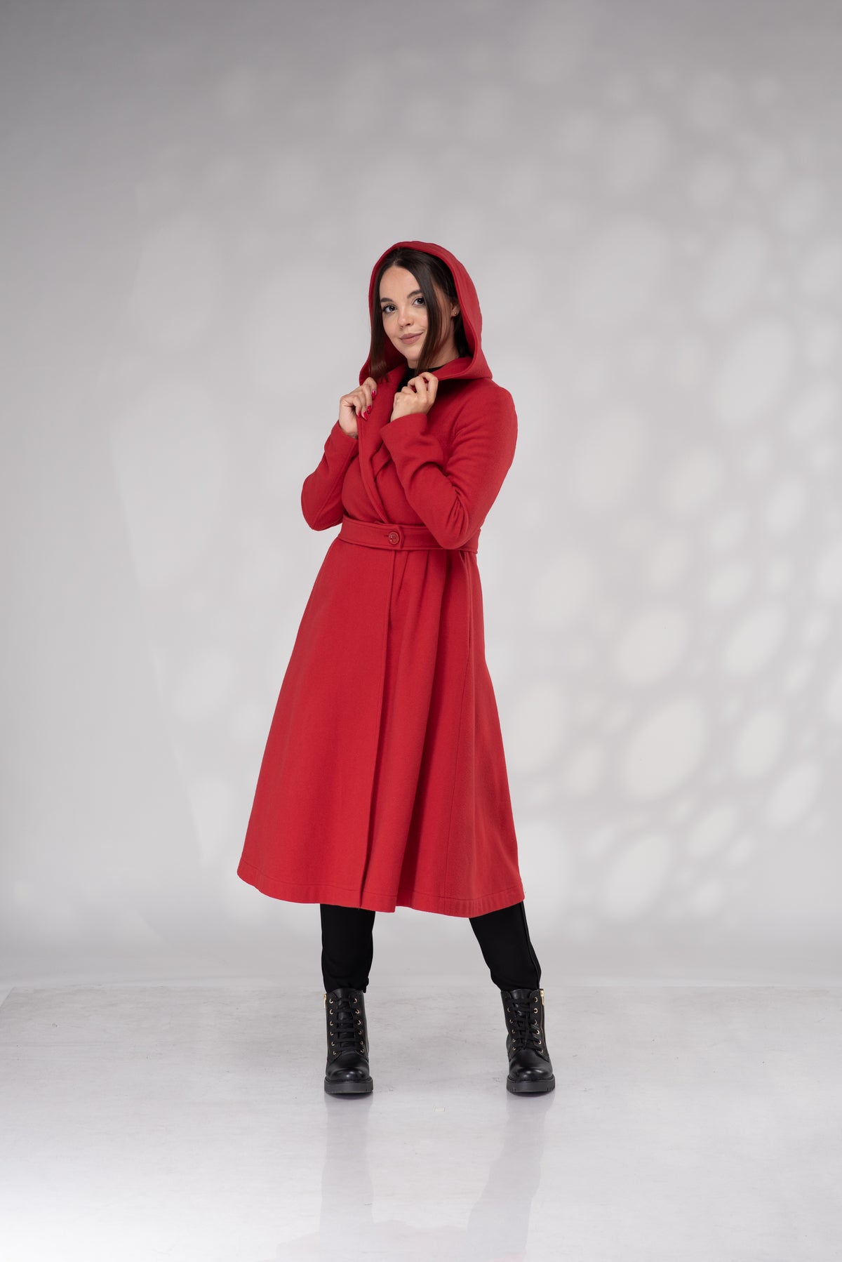Red Hooded Wrap Coat – Women’s Belted A-Line Wool Coat