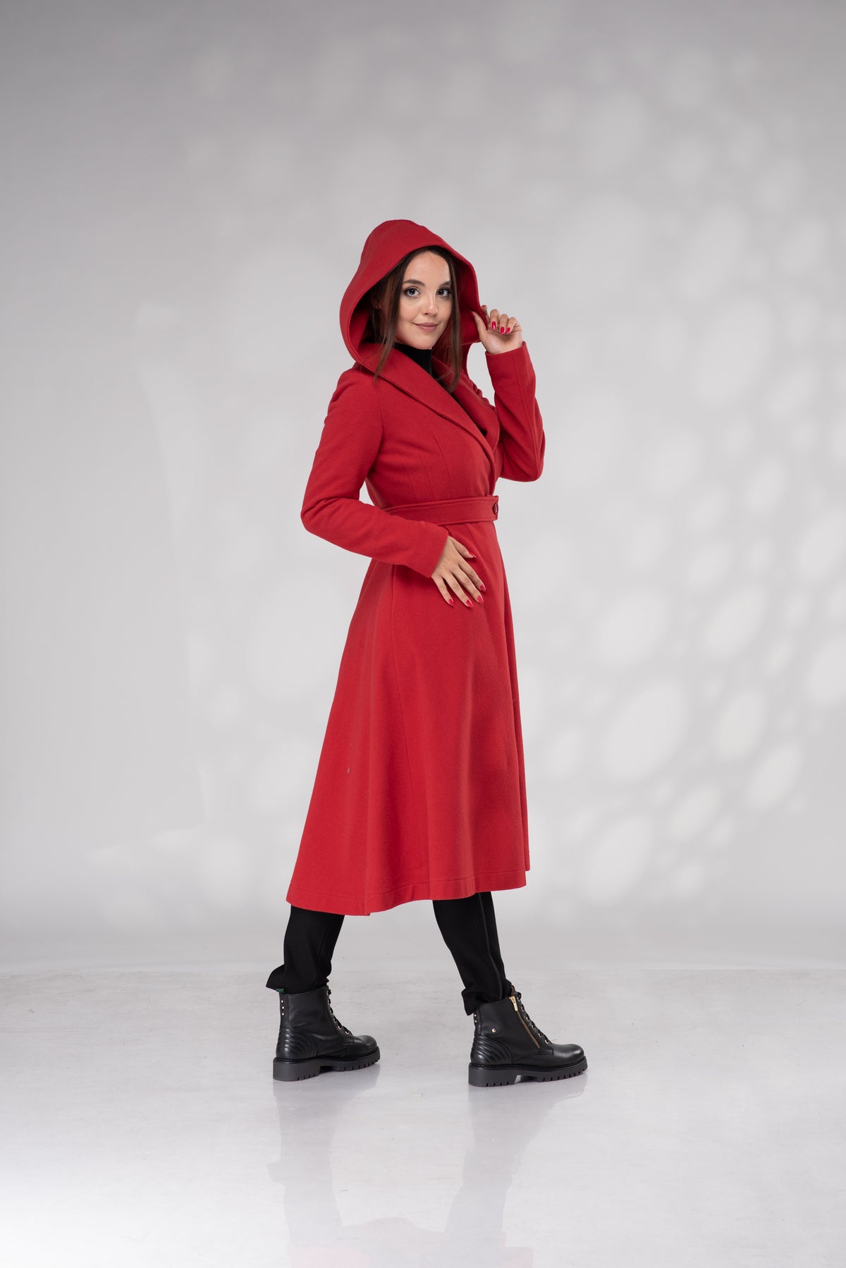 Red Hooded Wrap Coat – Women’s Belted A-Line Wool Coat