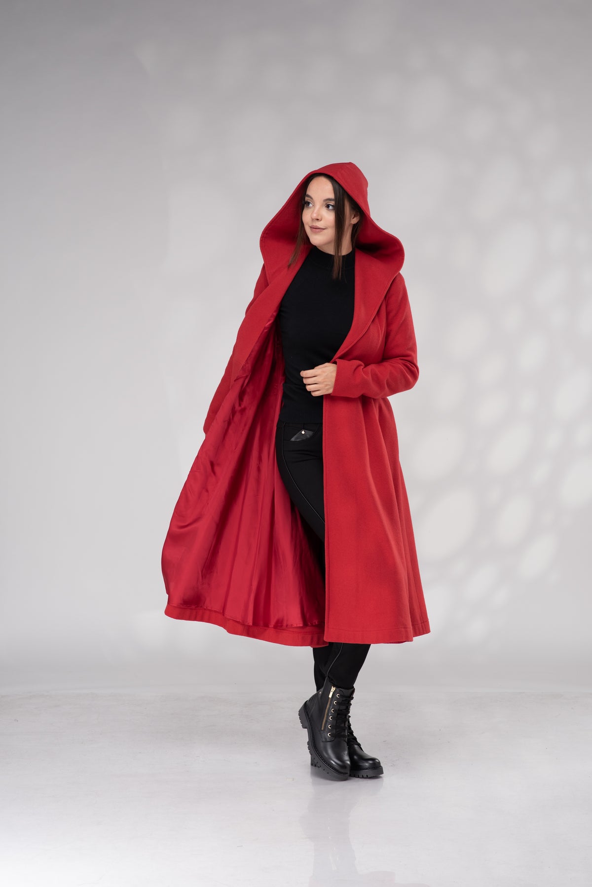 Red Hooded Wrap Coat – Women’s Belted A-Line Wool Coat