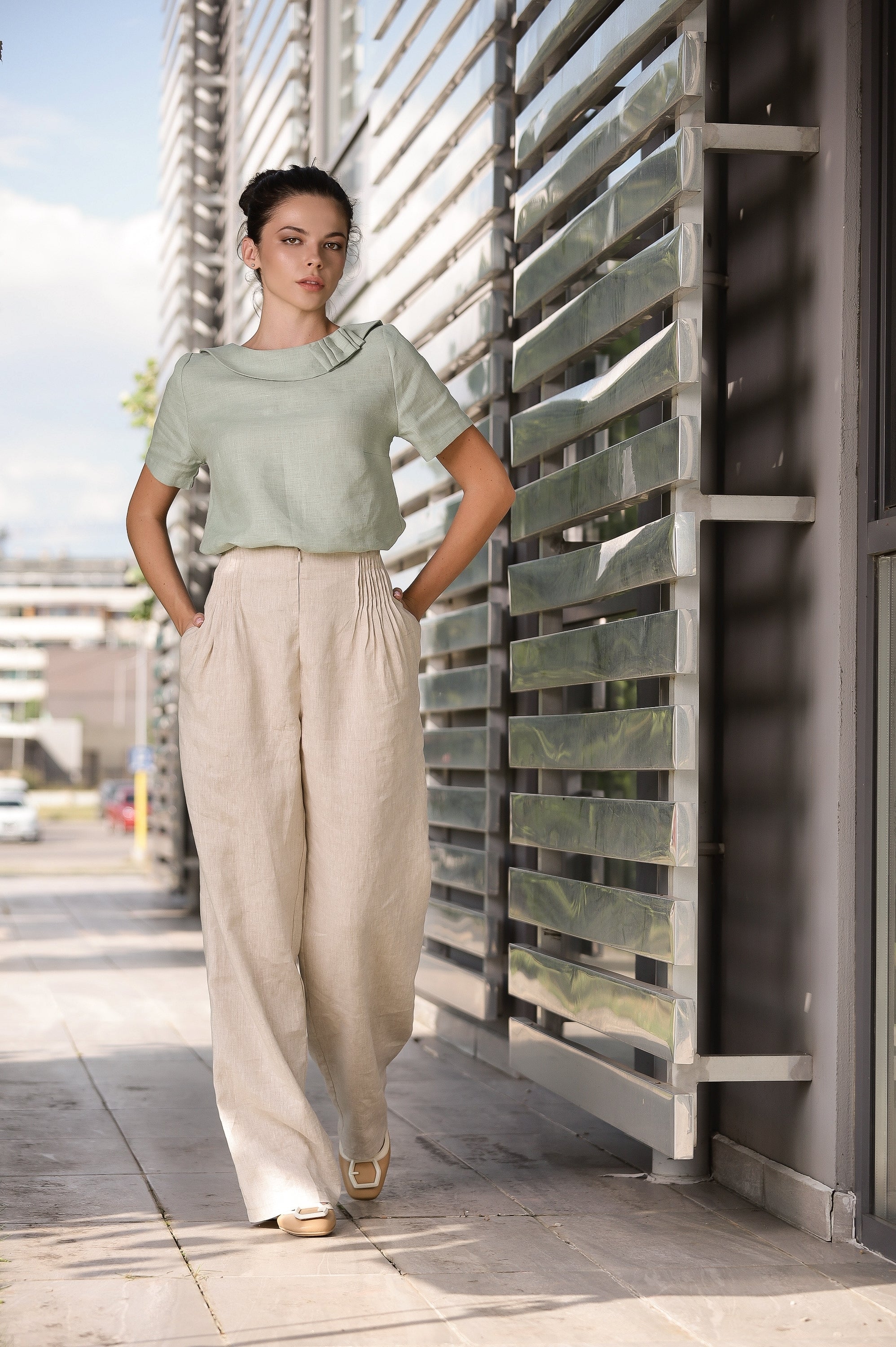 Sage Green Linen Blouse with Pleated Neck Detail – Minimalist Summer Top