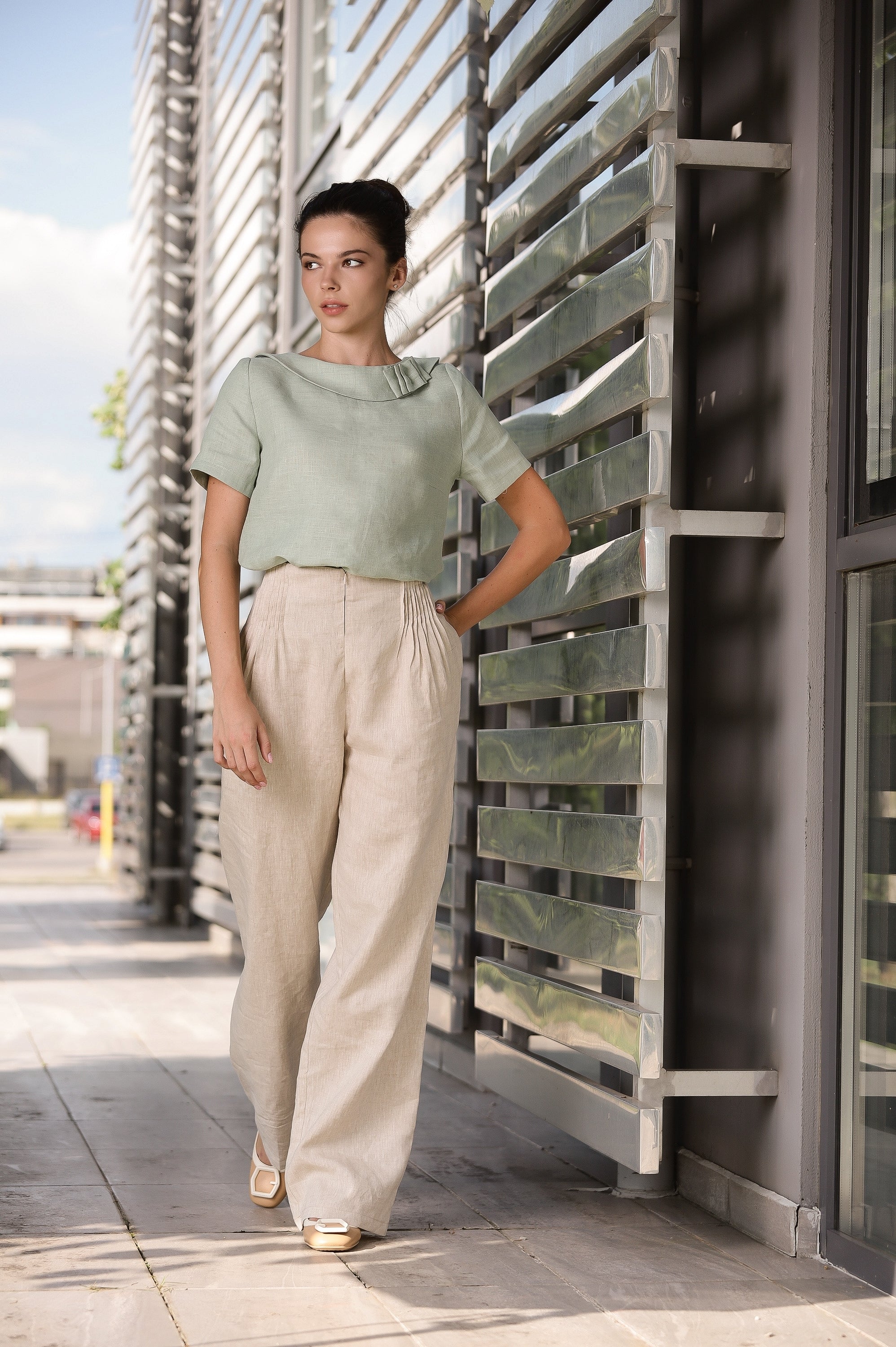 Sage Green Linen Blouse with Pleated Neck Detail – Minimalist Summer Top