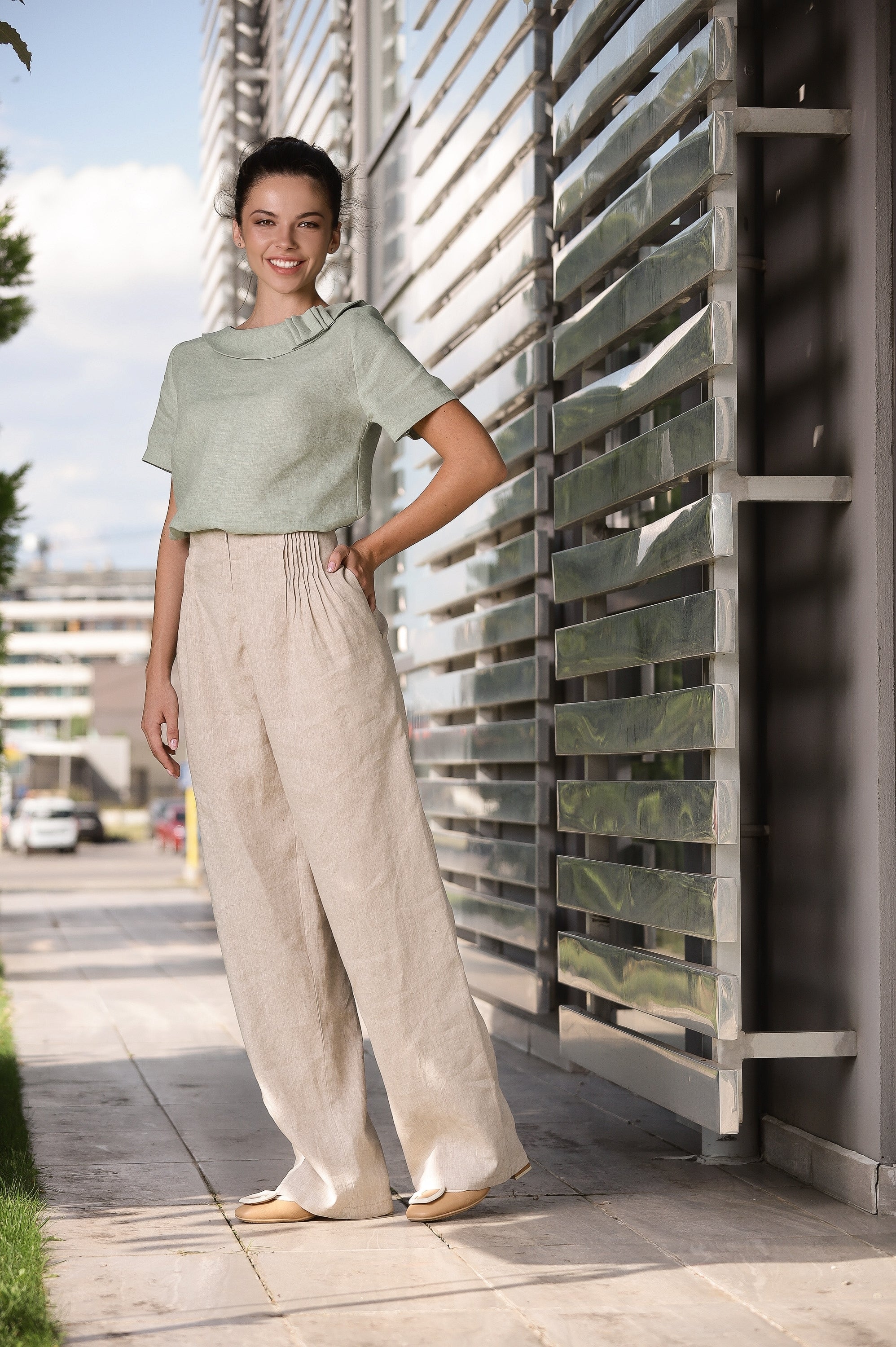 Sage Green Linen Blouse with Pleated Neck Detail – Minimalist Summer Top