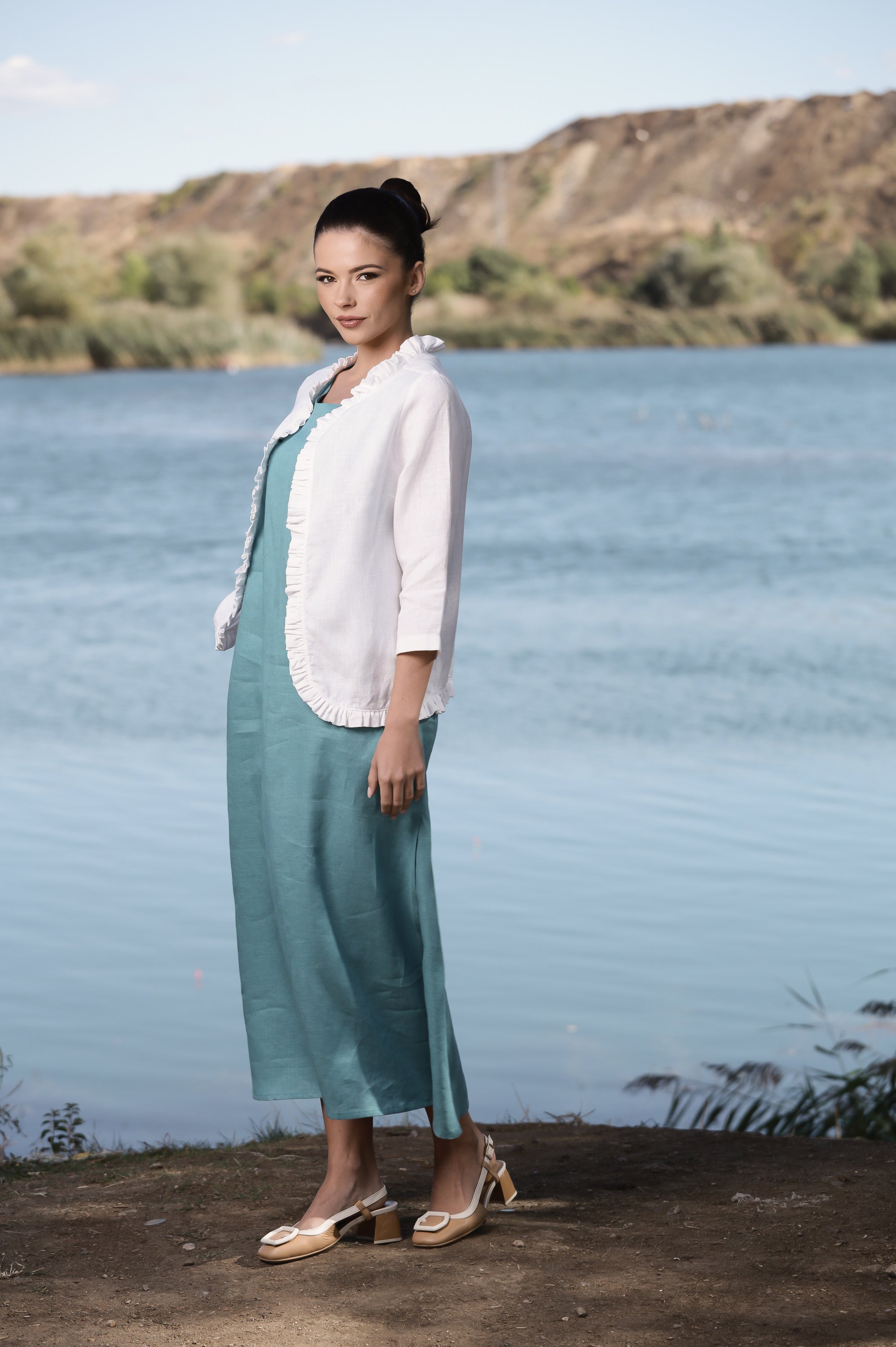 Short Linen Cardigan – White Lightweight Jacket with Soft Ruffles