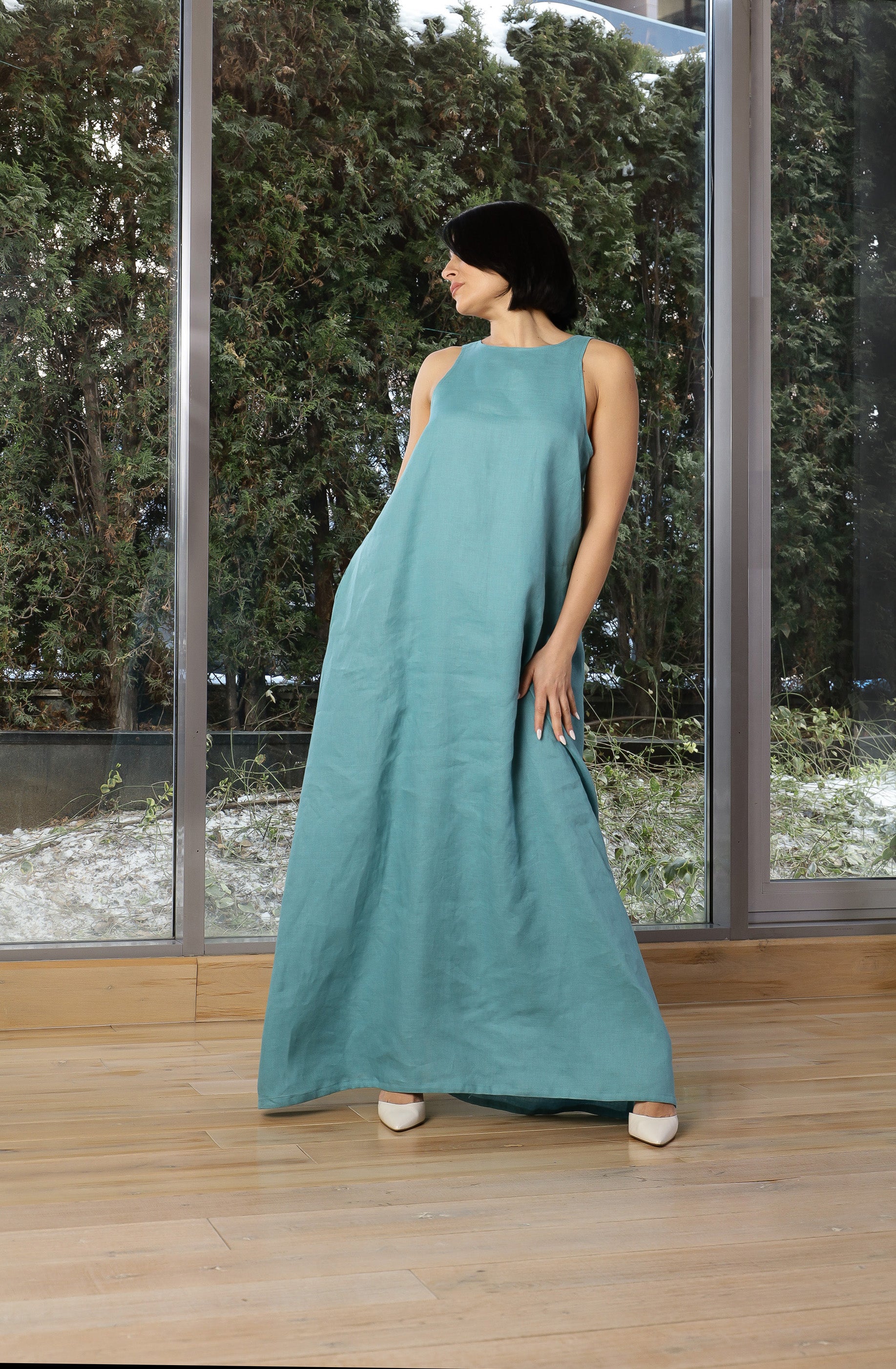 Sky Blue Linen Maxi Dress – Open Back Relaxed Dress