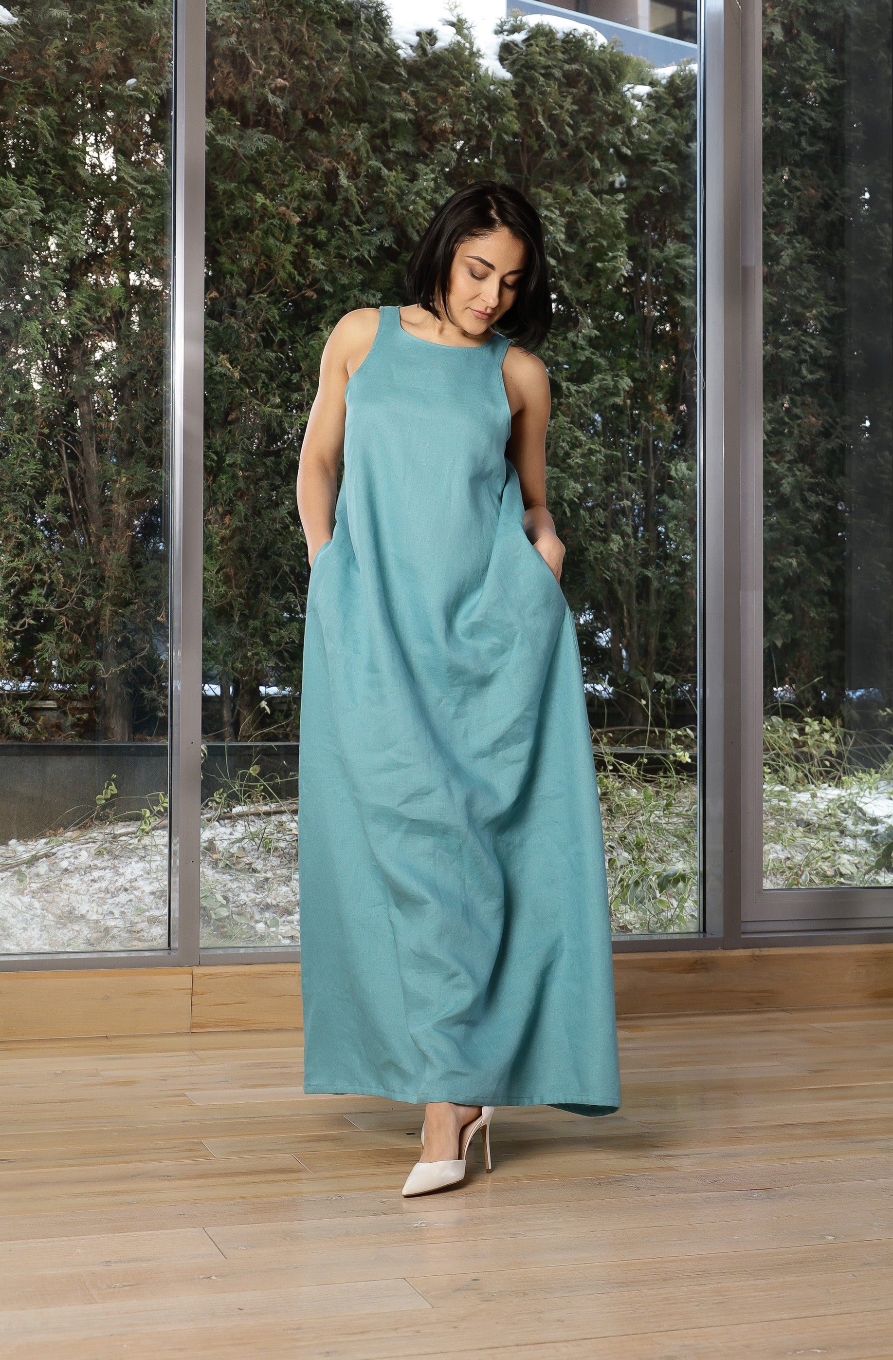 Sky Blue Linen Maxi Dress – Open Back Relaxed Dress