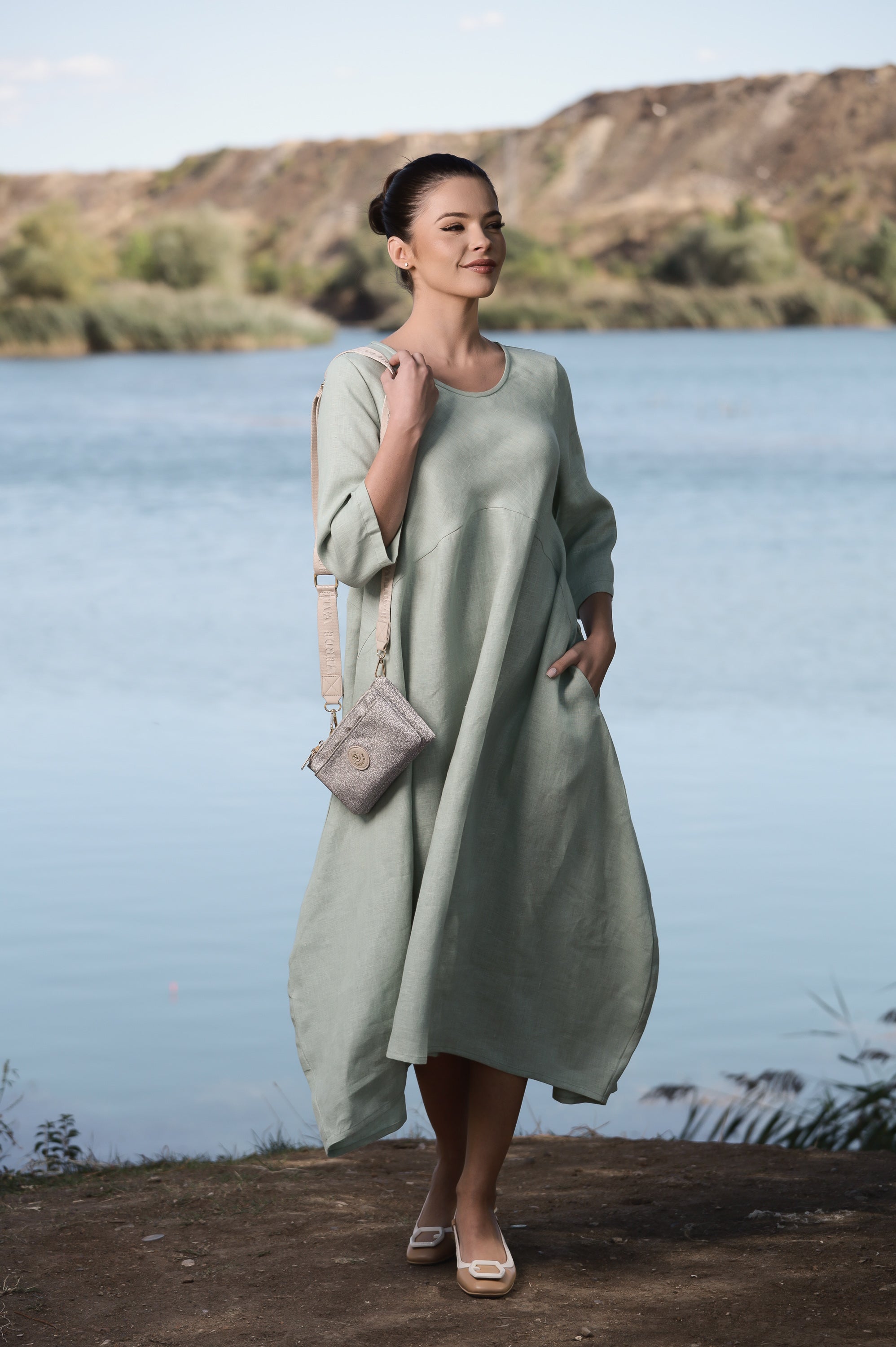 Summer Plus Size Linen Maxi Dress with Long Sleeves