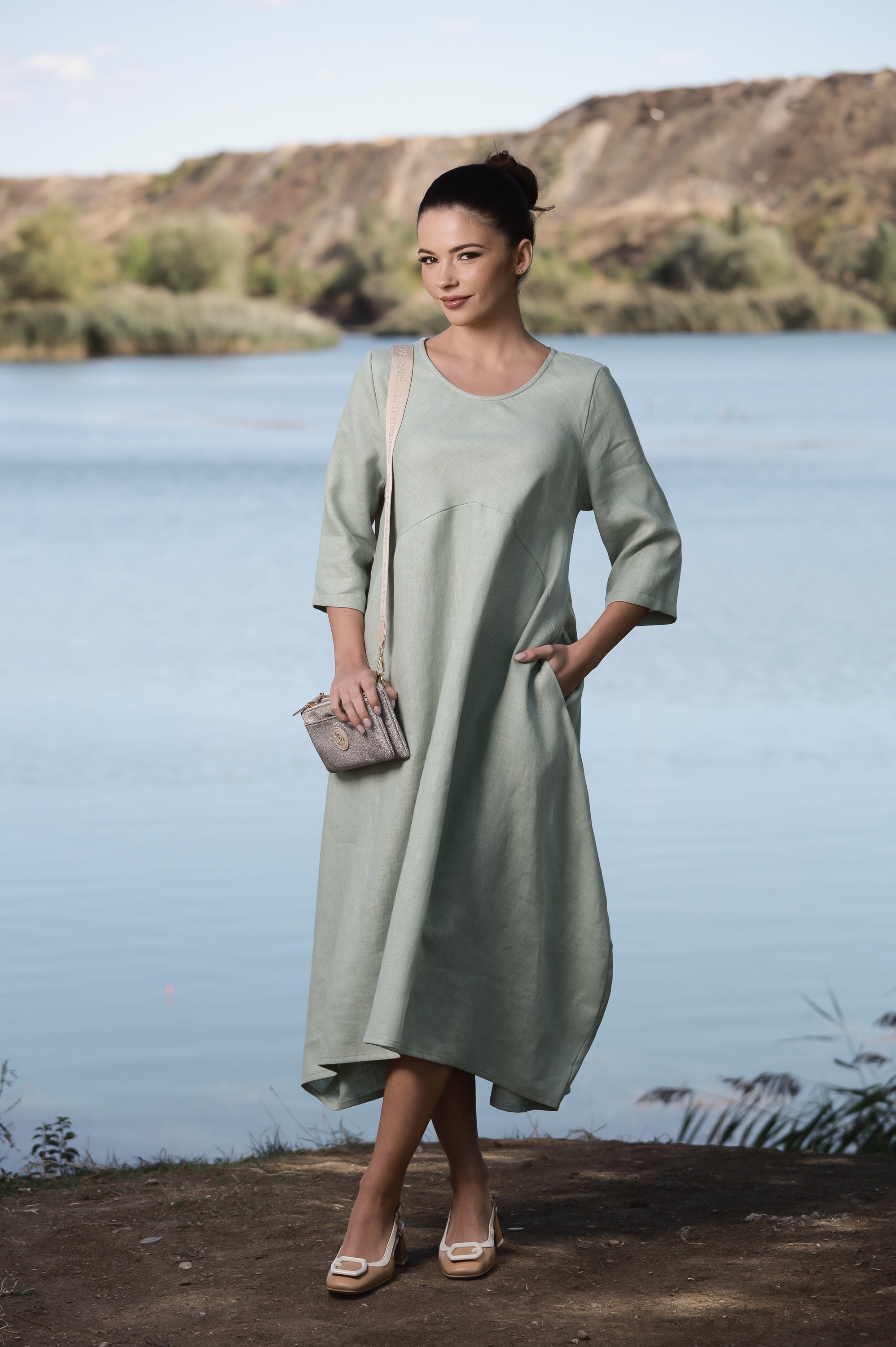 Summer Plus Size Linen Maxi Dress with Long Sleeves