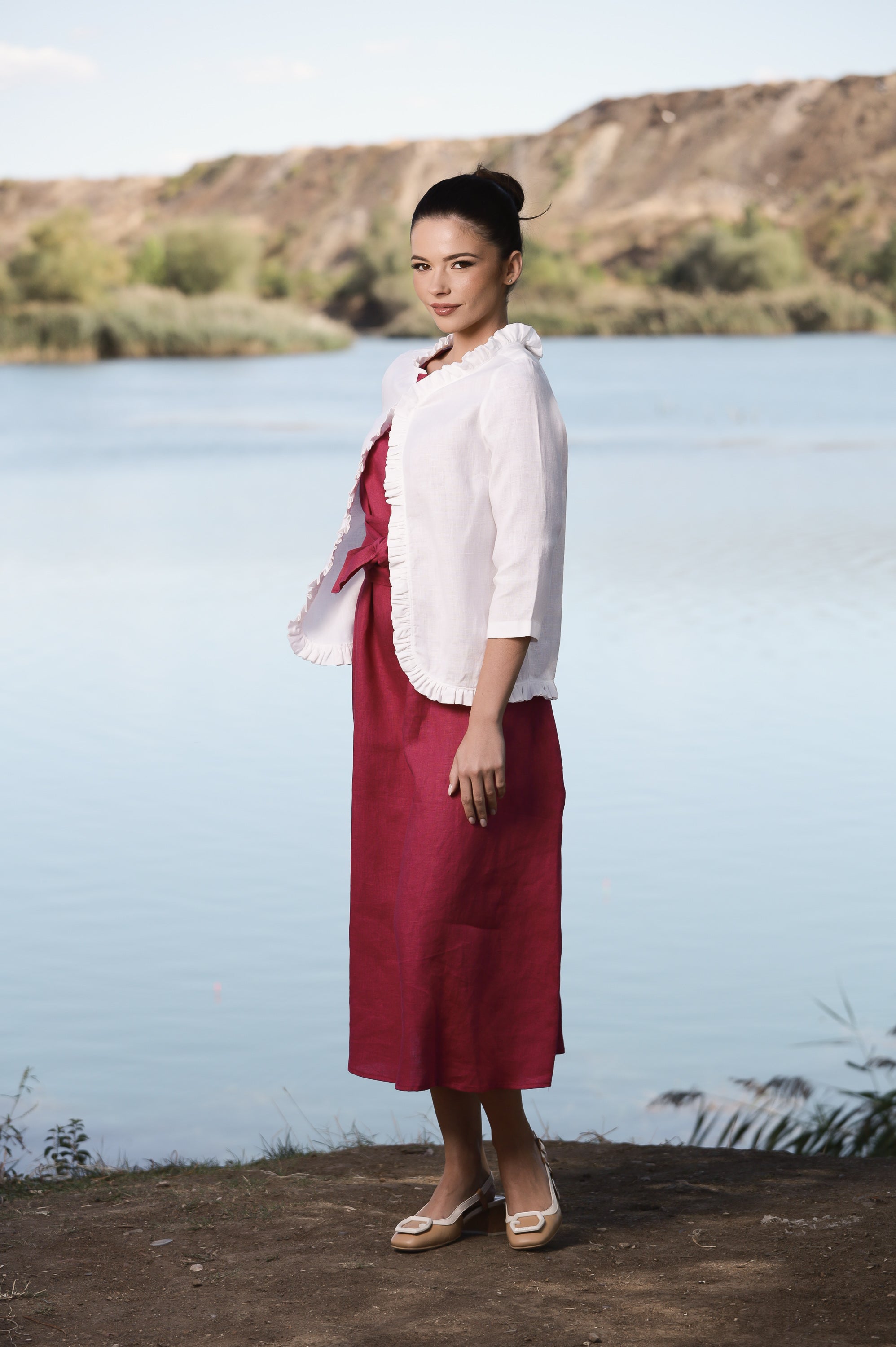 White Linen Cropped Jacket – Lightweight Layer with Ruffle Trim