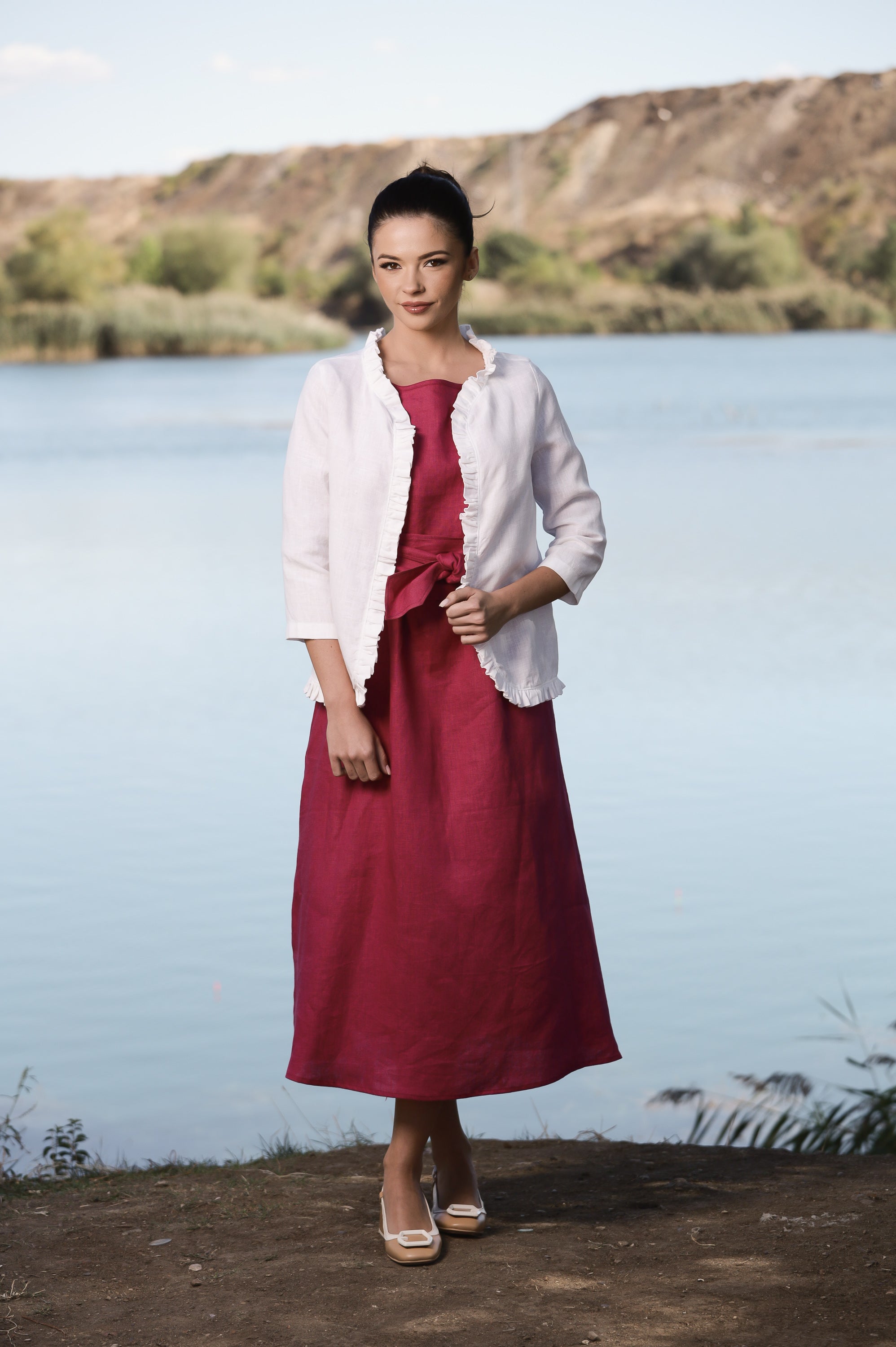 White Linen Cropped Jacket – Lightweight Layer with Ruffle Trim