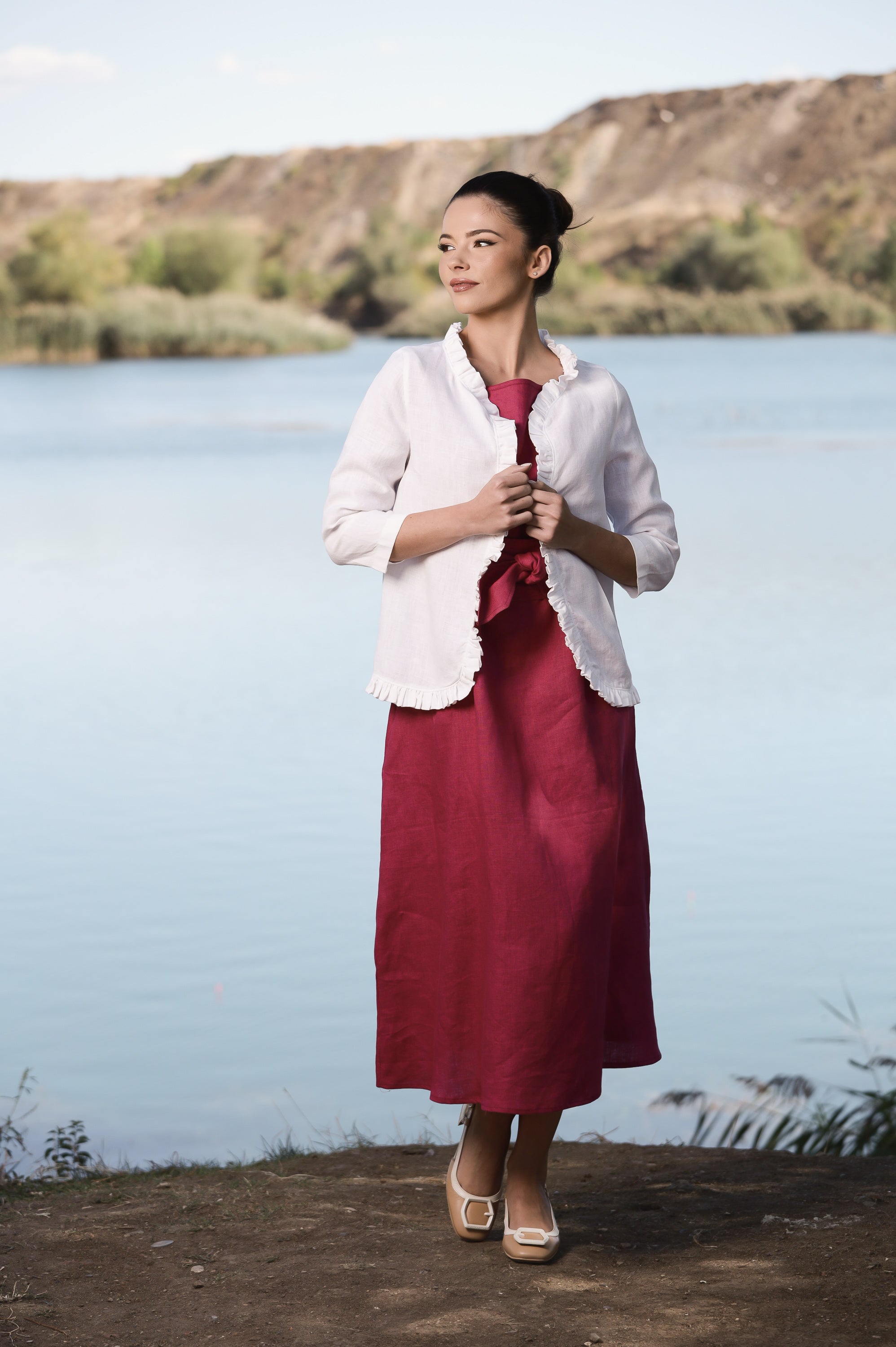 White Linen Cropped Jacket – Lightweight Layer with Ruffle Trim