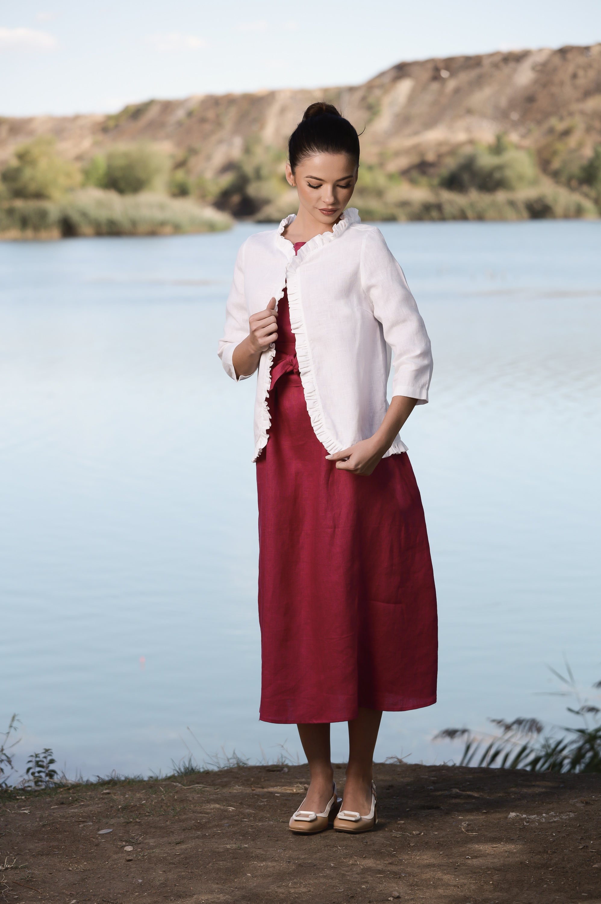 White Linen Cropped Jacket – Lightweight Layer with Ruffle Trim