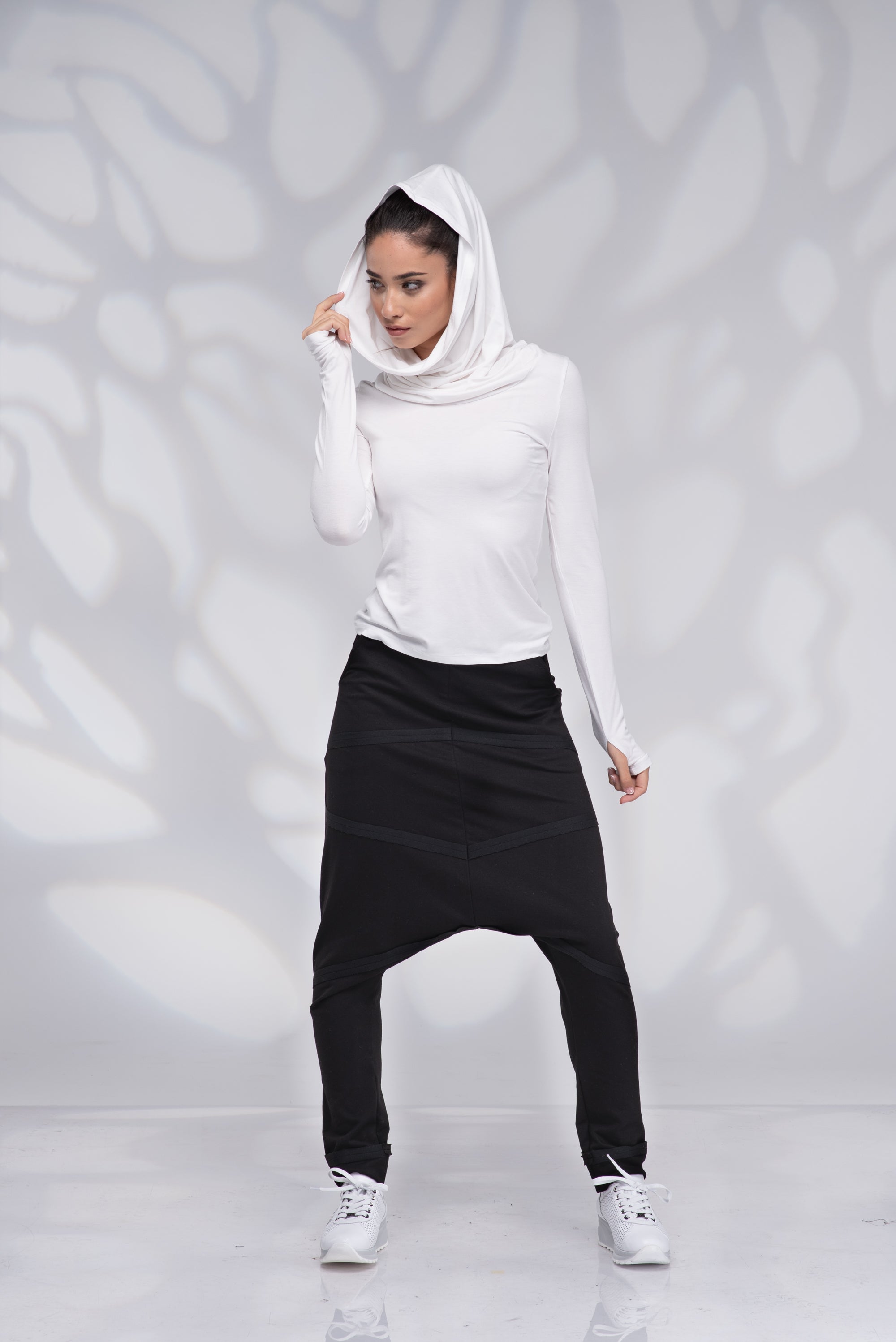 White Hoodie Top for Women with Thumb Hole Sleeves