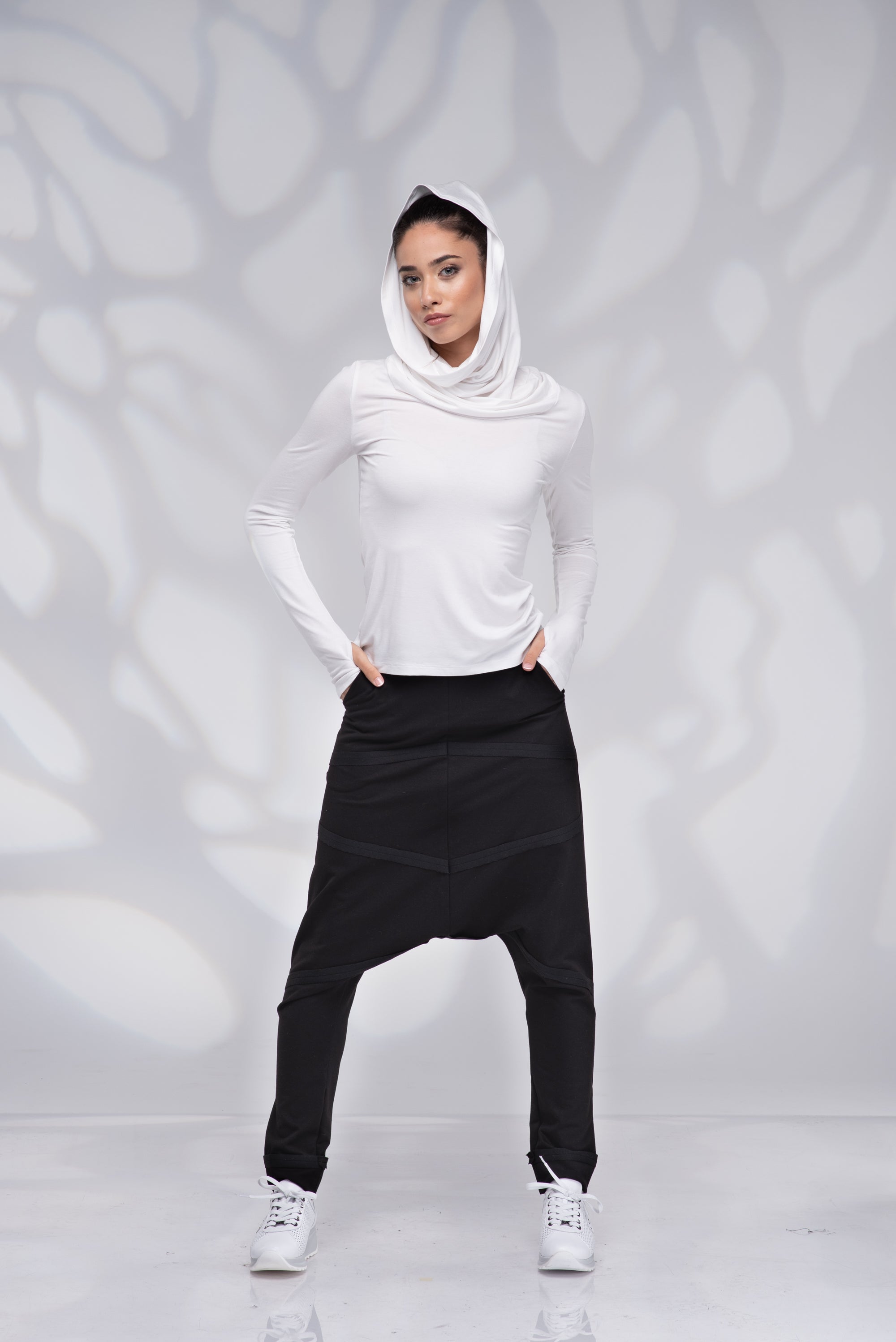 White Hoodie Top for Women with Thumb Hole Sleeves