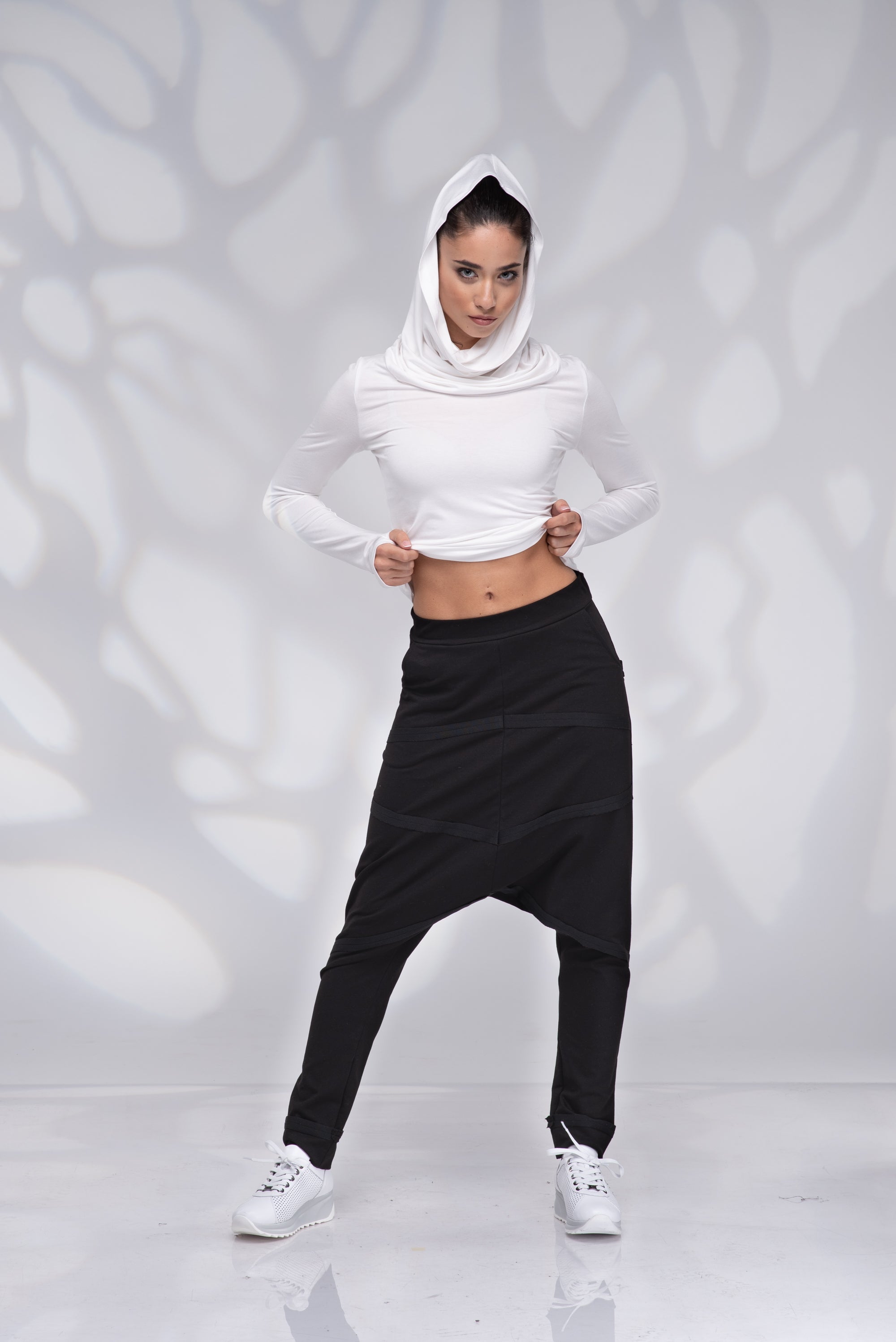 White Hoodie Top for Women with Thumb Hole Sleeves