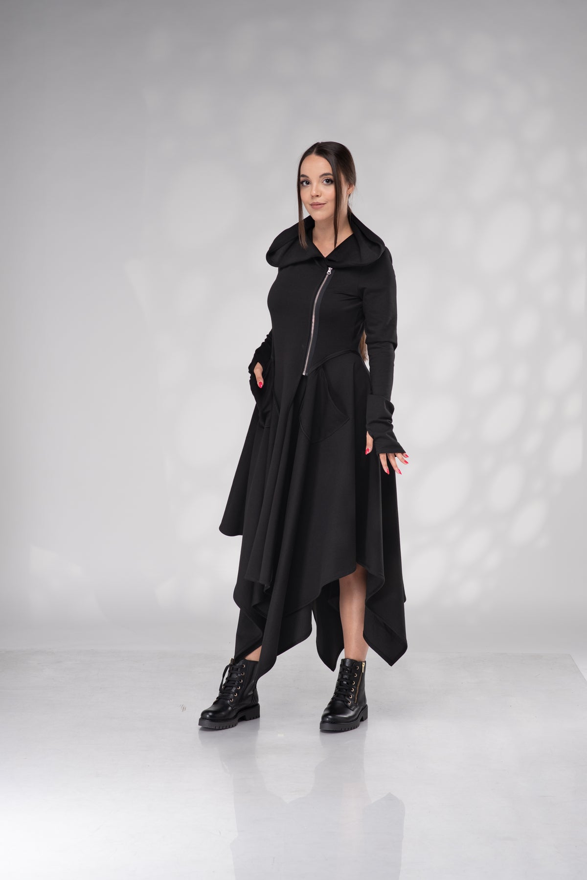 Women's Black Hooded Asymmetrical Midi Dress with Zip Front