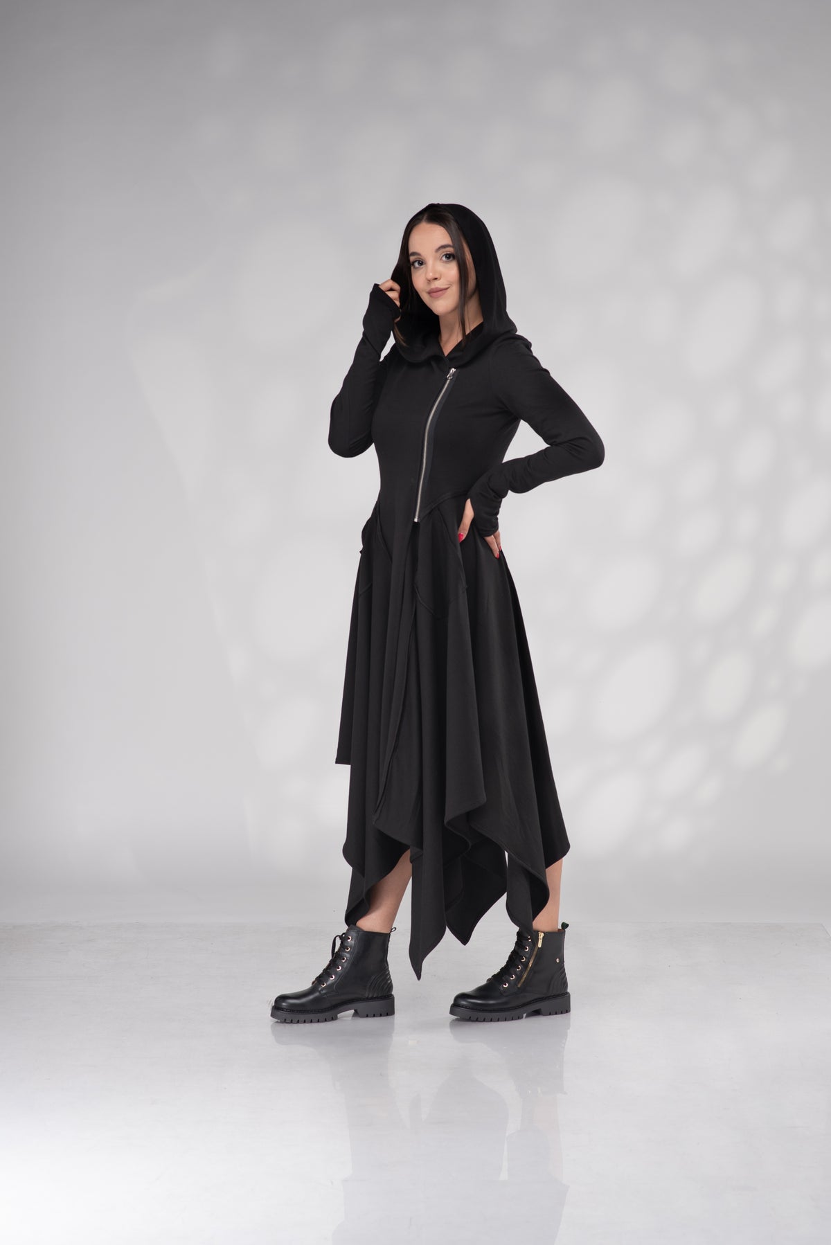 Women's Black Hooded Asymmetrical Midi Dress with Zip Front