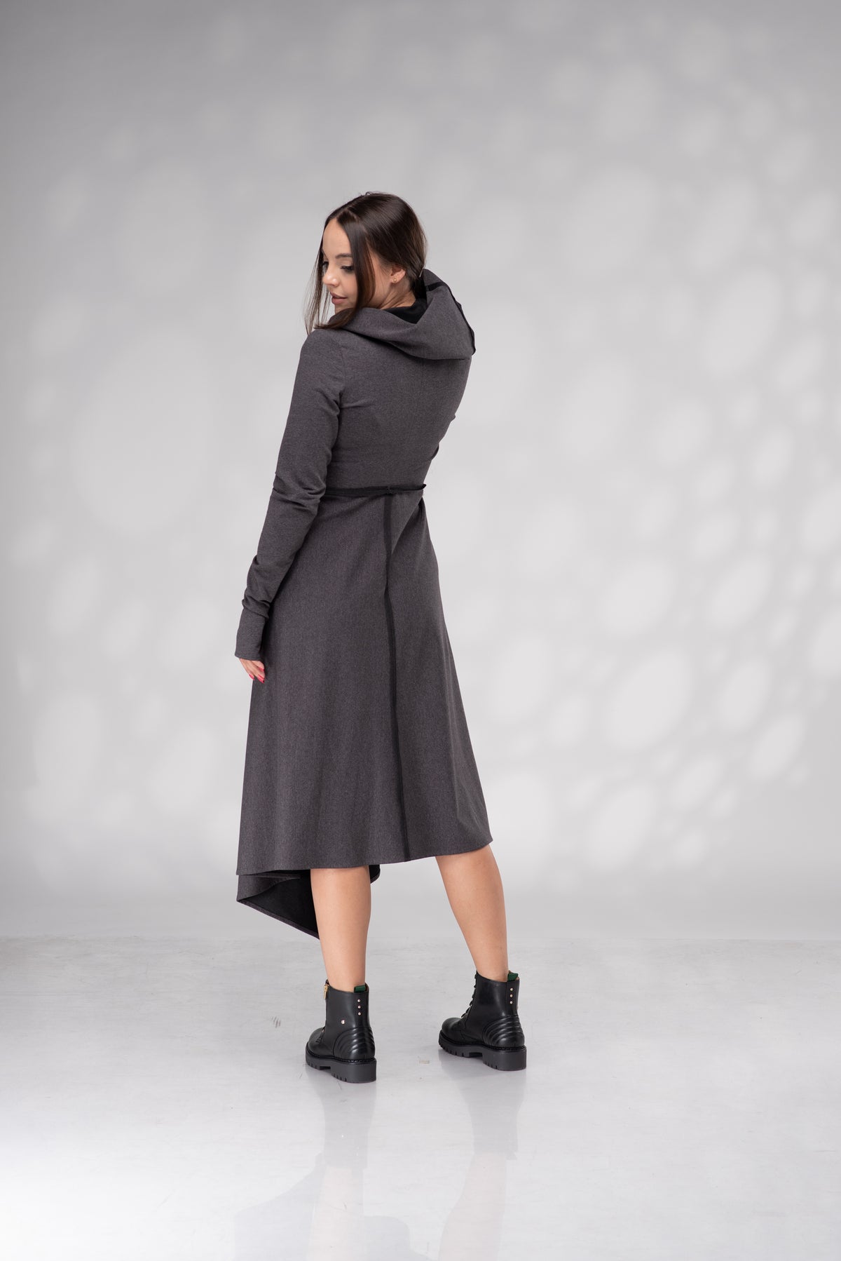 Women's Graphite Gray Hooded Asymmetrical Midi Dress with Zipper