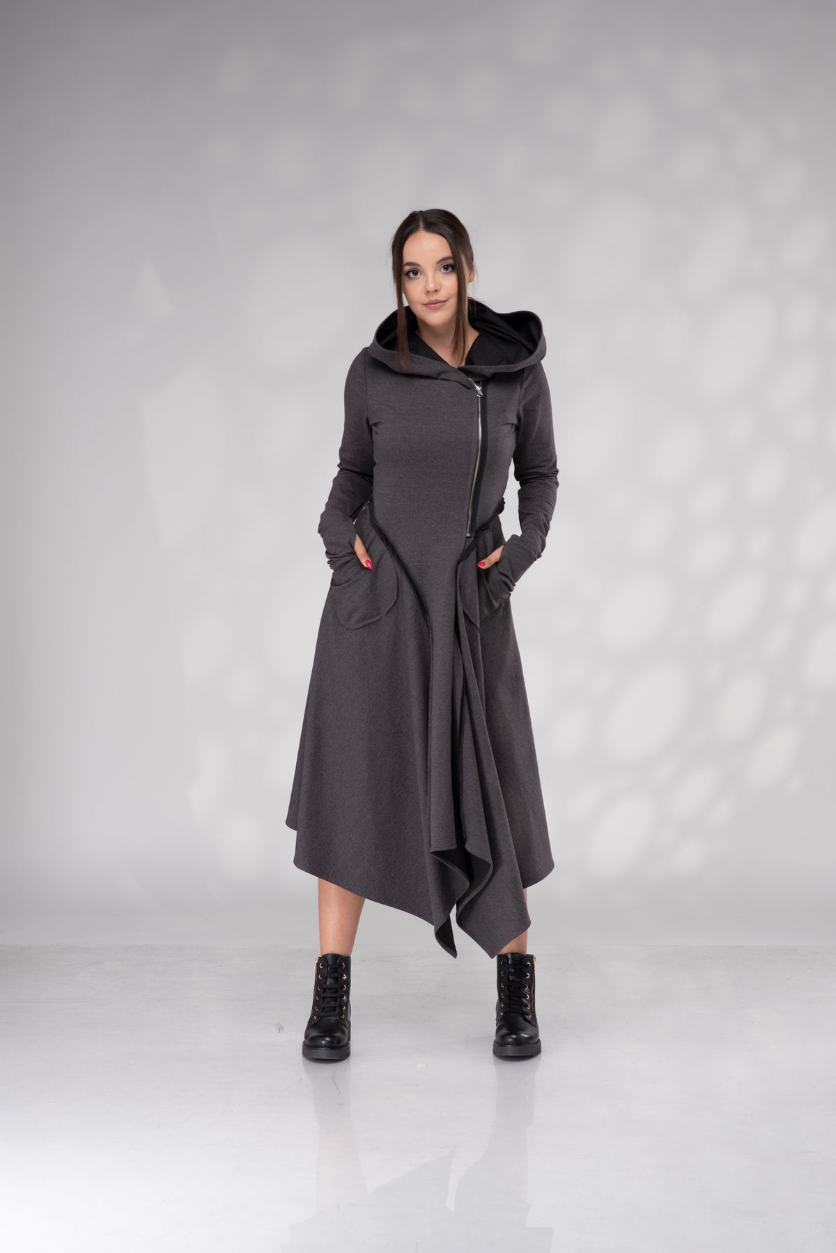 Women's Graphite Gray Hooded Asymmetrical Midi Dress with Zipper
