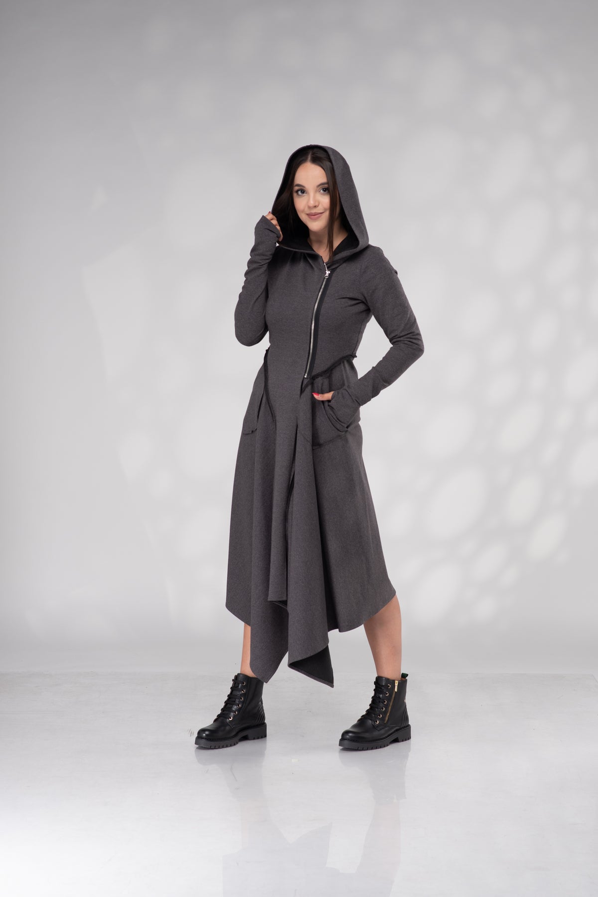 Women's Graphite Gray Hooded Asymmetrical Midi Dress with Zipper