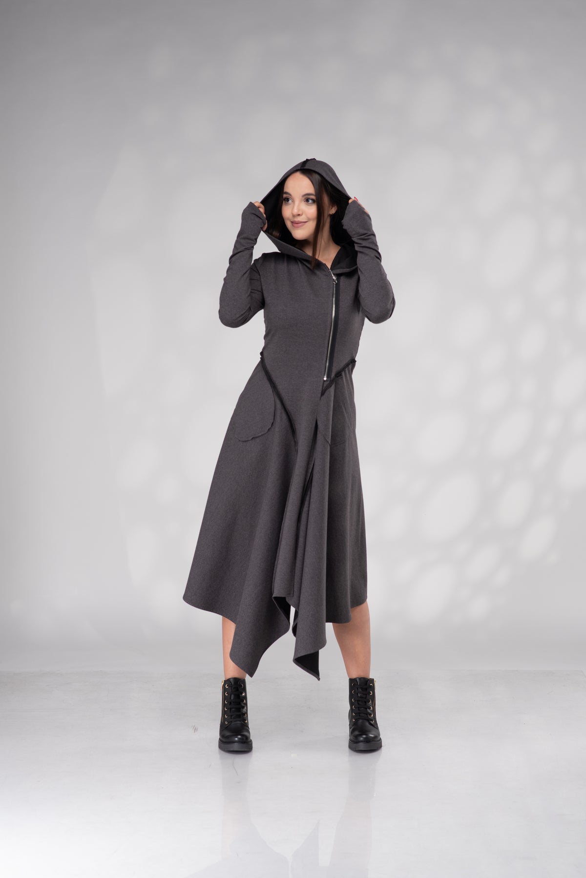 Women's Graphite Gray Hooded Asymmetrical Midi Dress with Zipper