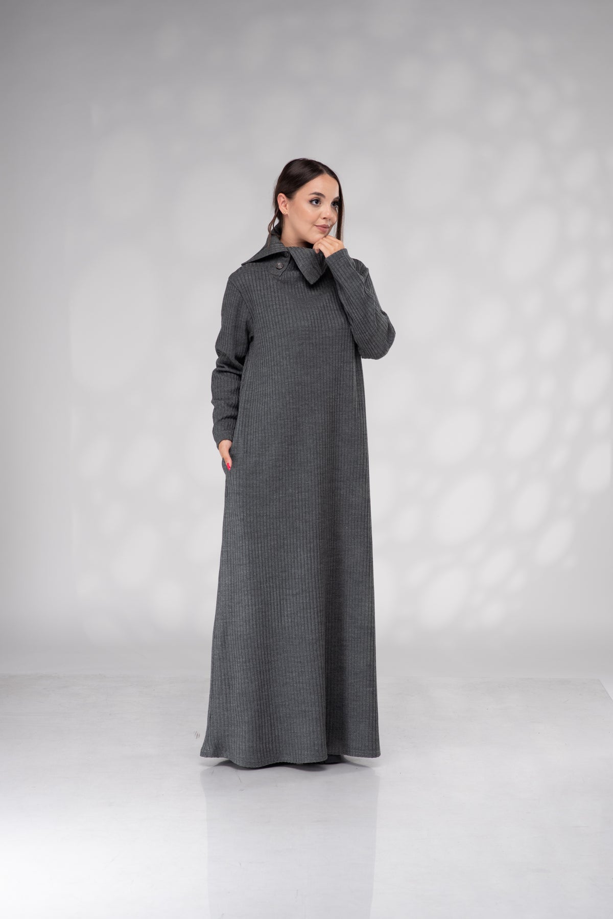 Women's Graphite Gray Ribbed Maxi Dress with High Collar and Pockets