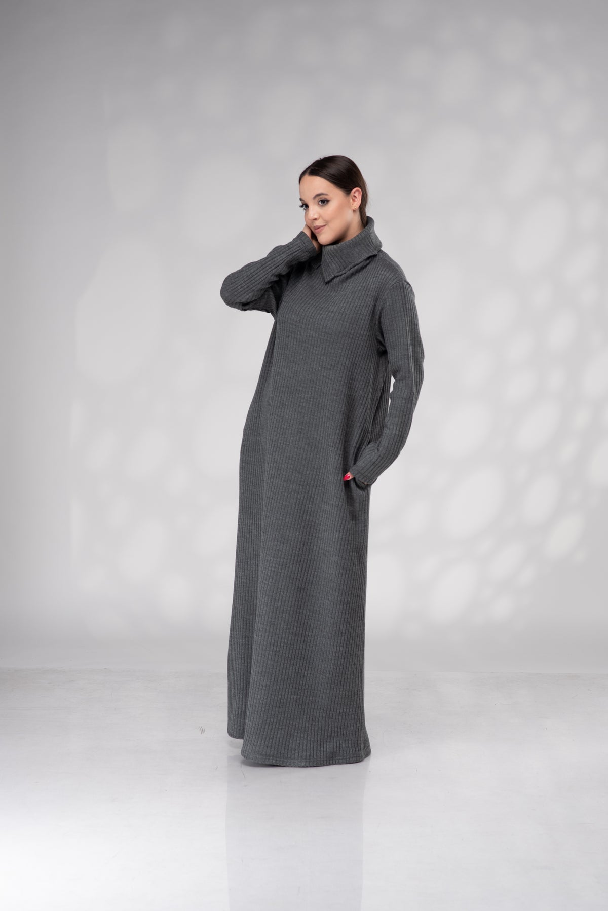 Women's Graphite Gray Ribbed Maxi Dress with High Collar and Pockets