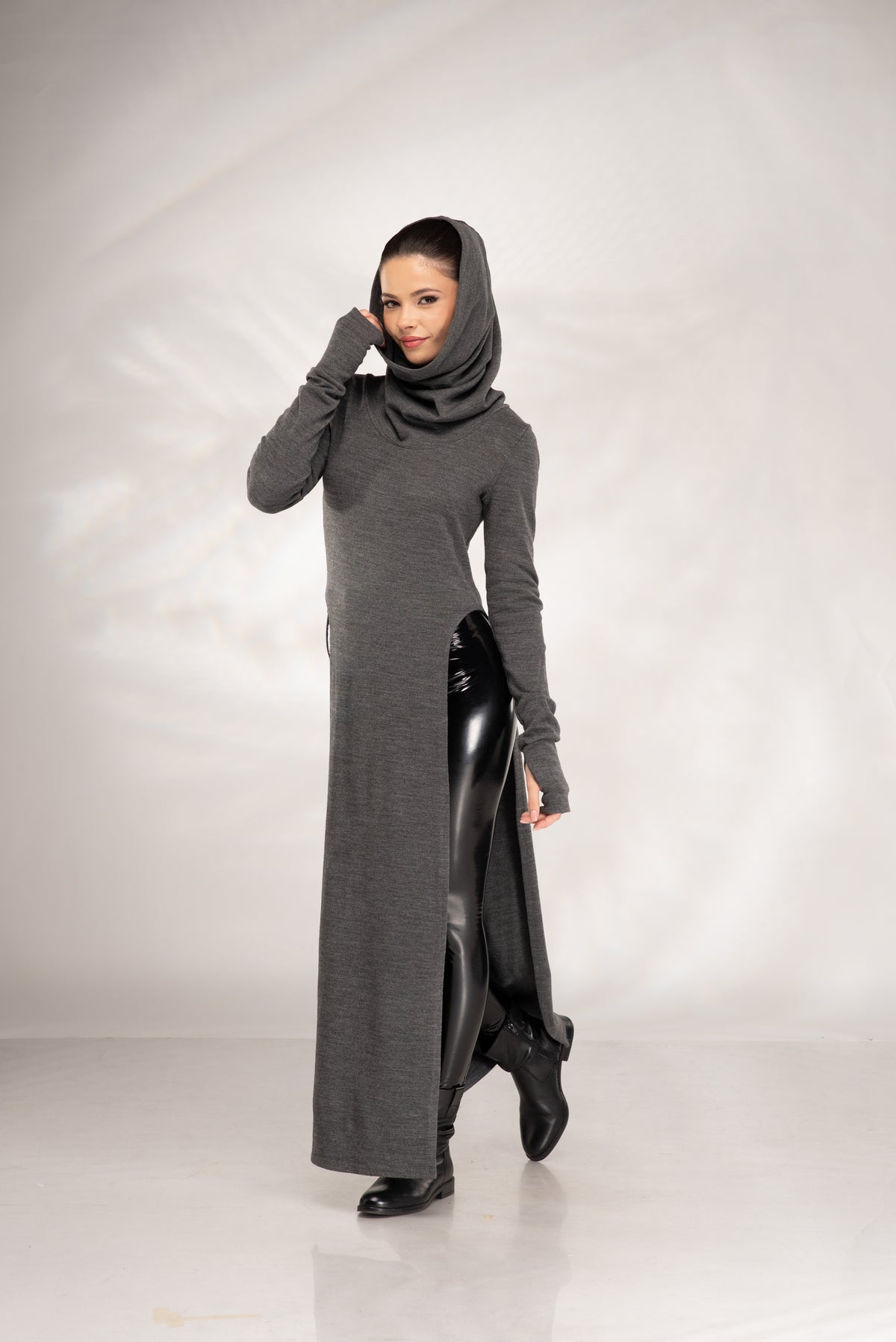 Women’s Gray Hooded Maxi Tunic with High Side Slits & Cowl Neck