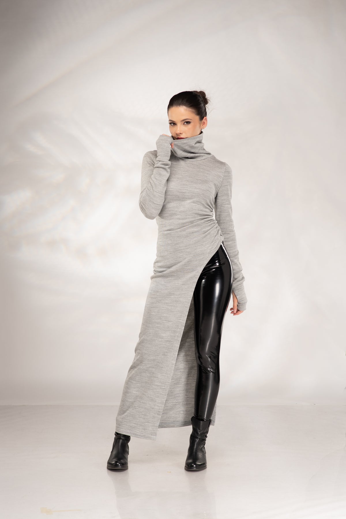 Women's grey maxi sweater dress with ruched waist and dramatic side opening