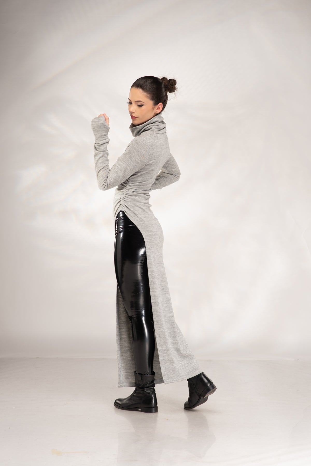 Women's grey maxi sweater dress with gathered side detail, back and side view