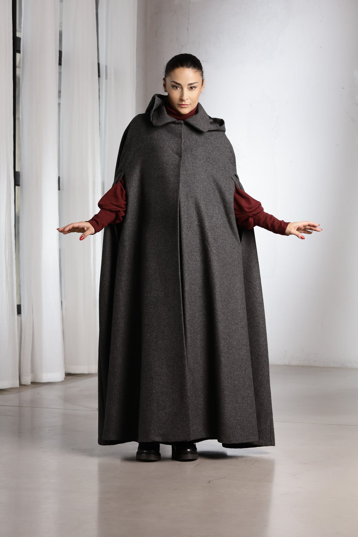 Women's Hooded Wool Cape Coat – Charcoal Gray Long Winter Cape with Collar