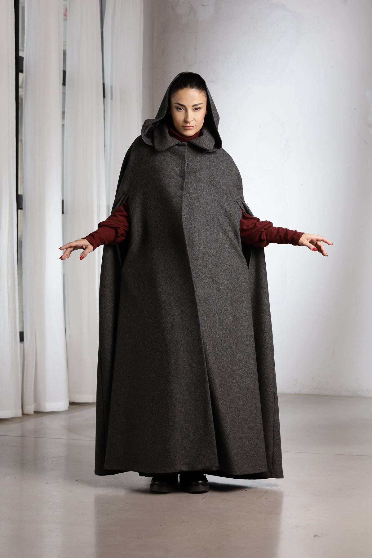 Women's Hooded Wool Cape Coat – Charcoal Gray Long Winter Cape with Collar