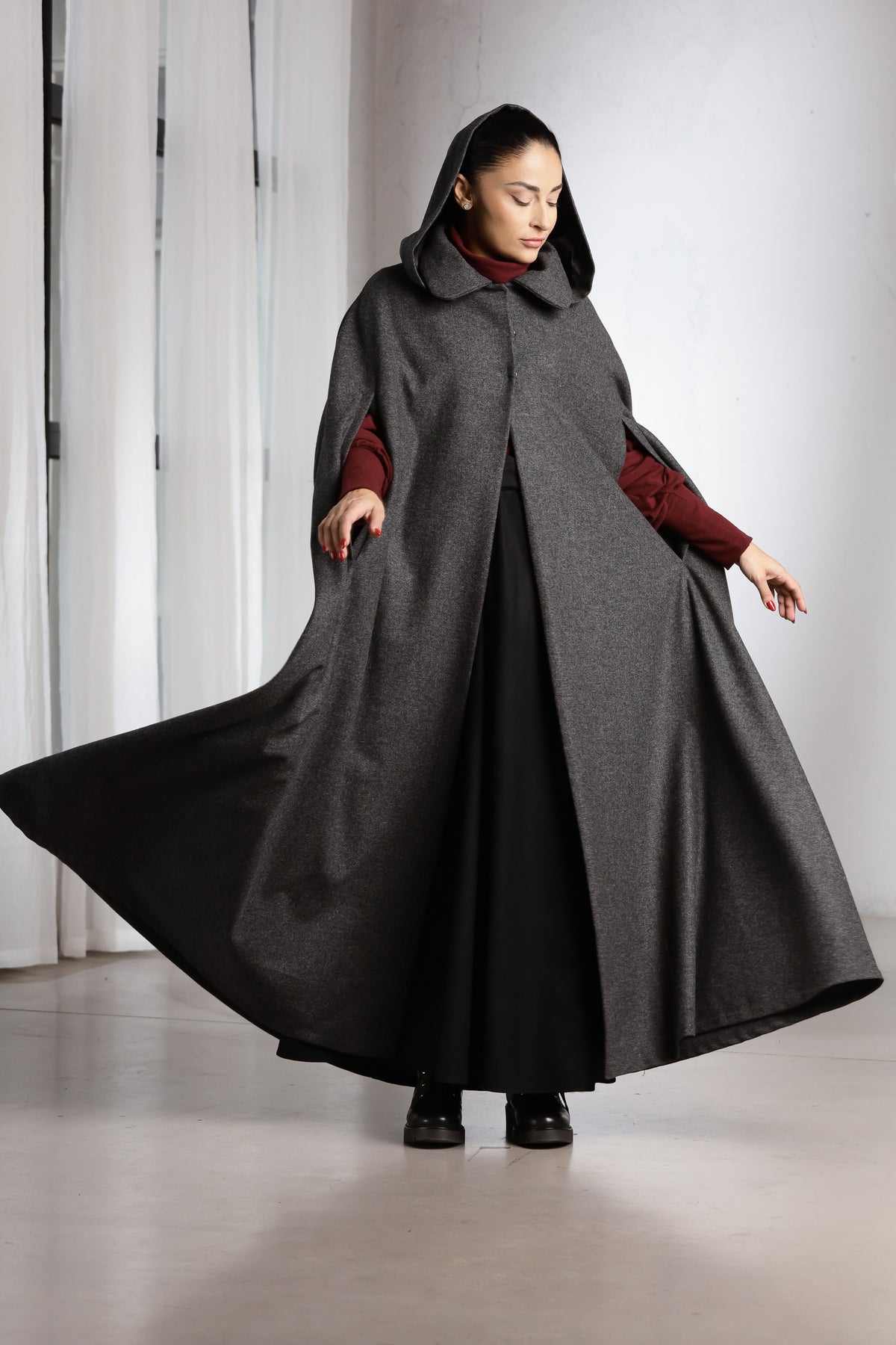 Women's Hooded Wool Cape Coat – Charcoal Gray Long Winter Cape with Collar
