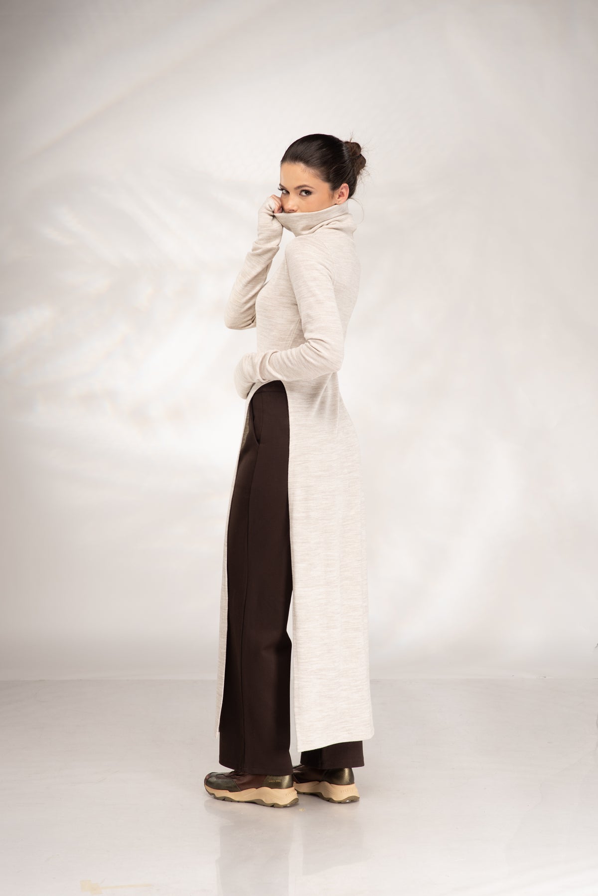 Women's Long Beige Sweater Dress – High Neck Maxi Dress with Side Slits
