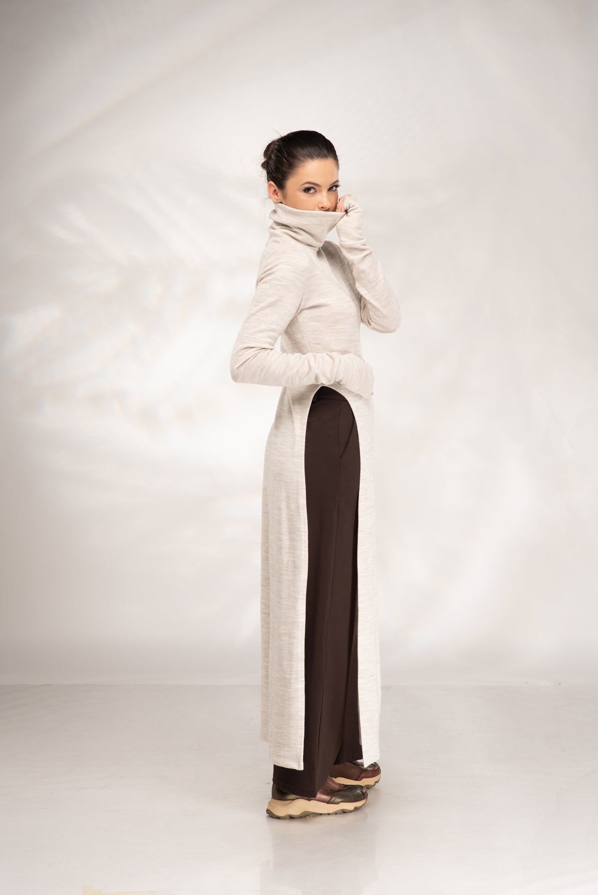 Women's Long Beige Sweater Dress – High Neck Maxi Dress with Side Slits