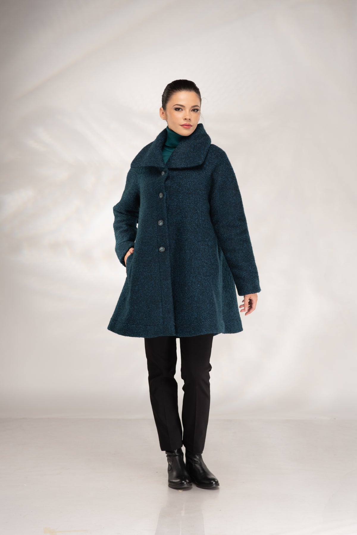 Women’s Short Wool Coat in Teal Boucle, A-Line with Oversized Collar