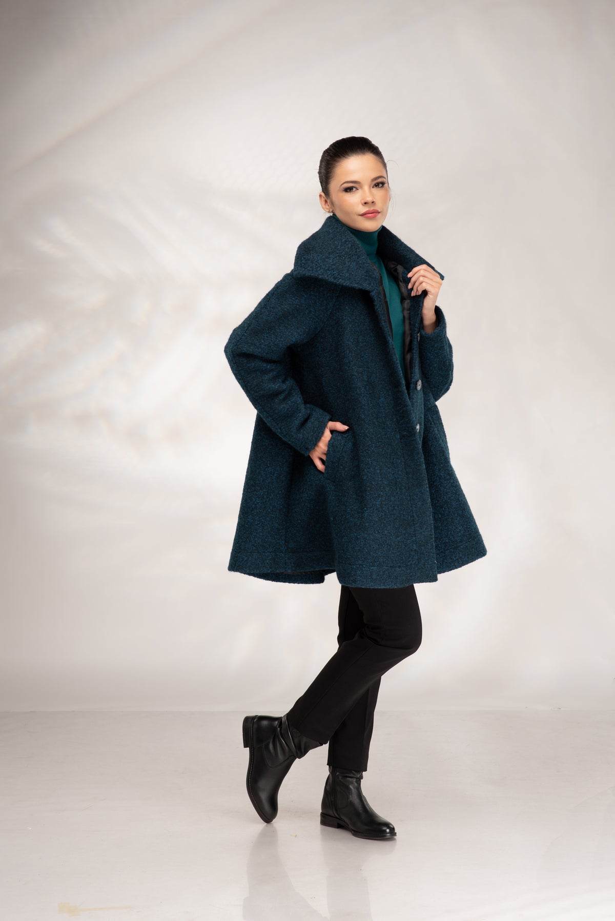 Women’s Short Wool Coat in Teal Boucle, A-Line with Oversized Collar
