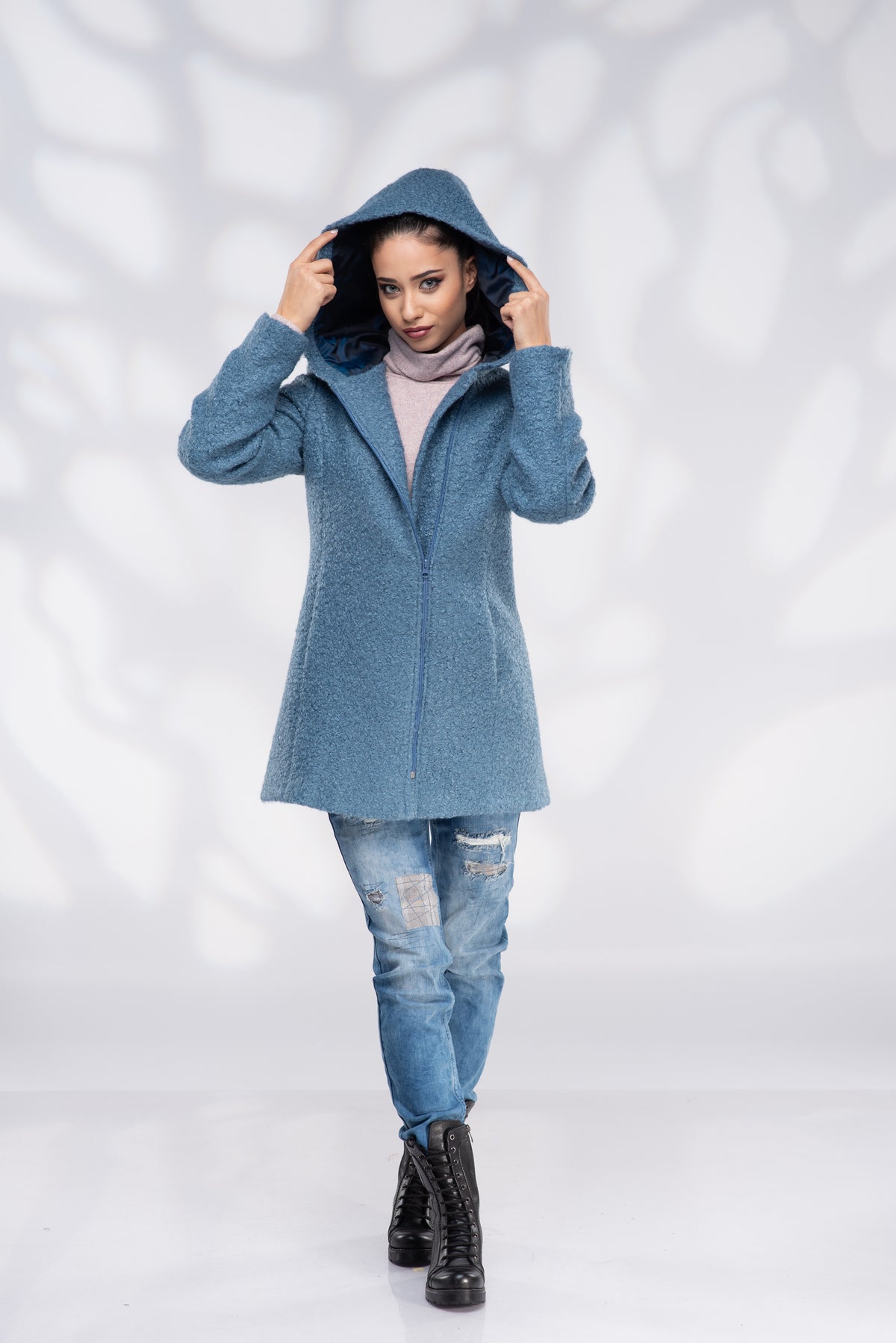 Women's Sky Blue Hooded Wool Coat – Warm Zip-Up Winter Coat
