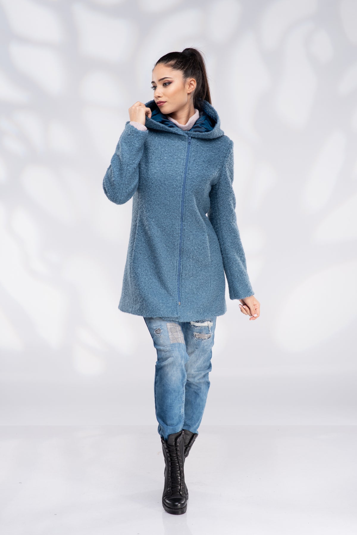 Women's Sky Blue Hooded Wool Coat – Warm Zip-Up Winter Coat