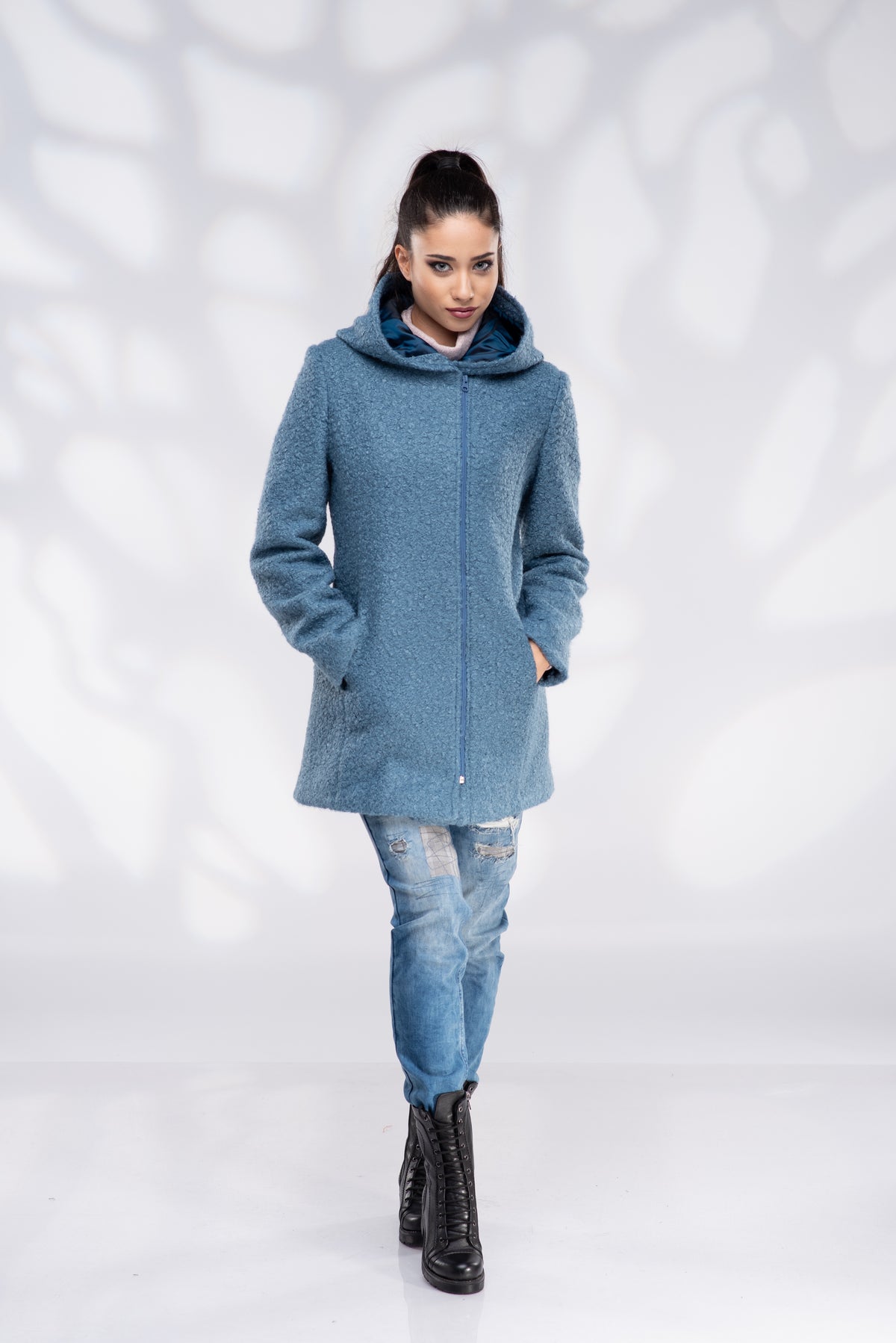 Women's Sky Blue Hooded Wool Coat – Warm Zip-Up Winter Coat