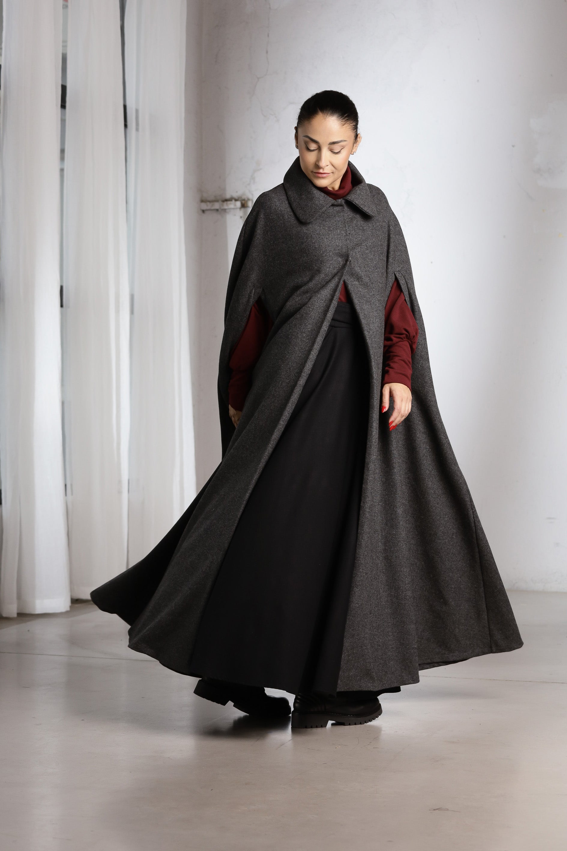 Wool Hooded Cape for Women – Medieval Inspired Maxi Coat