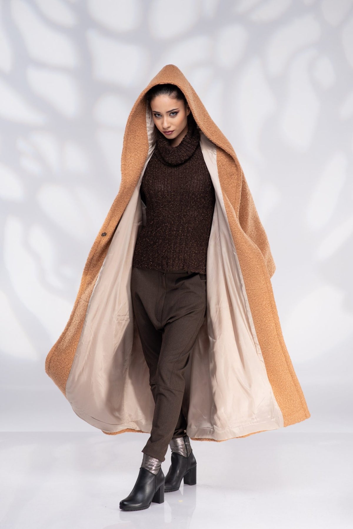 Wool Hooded Camel Plus Size Coat