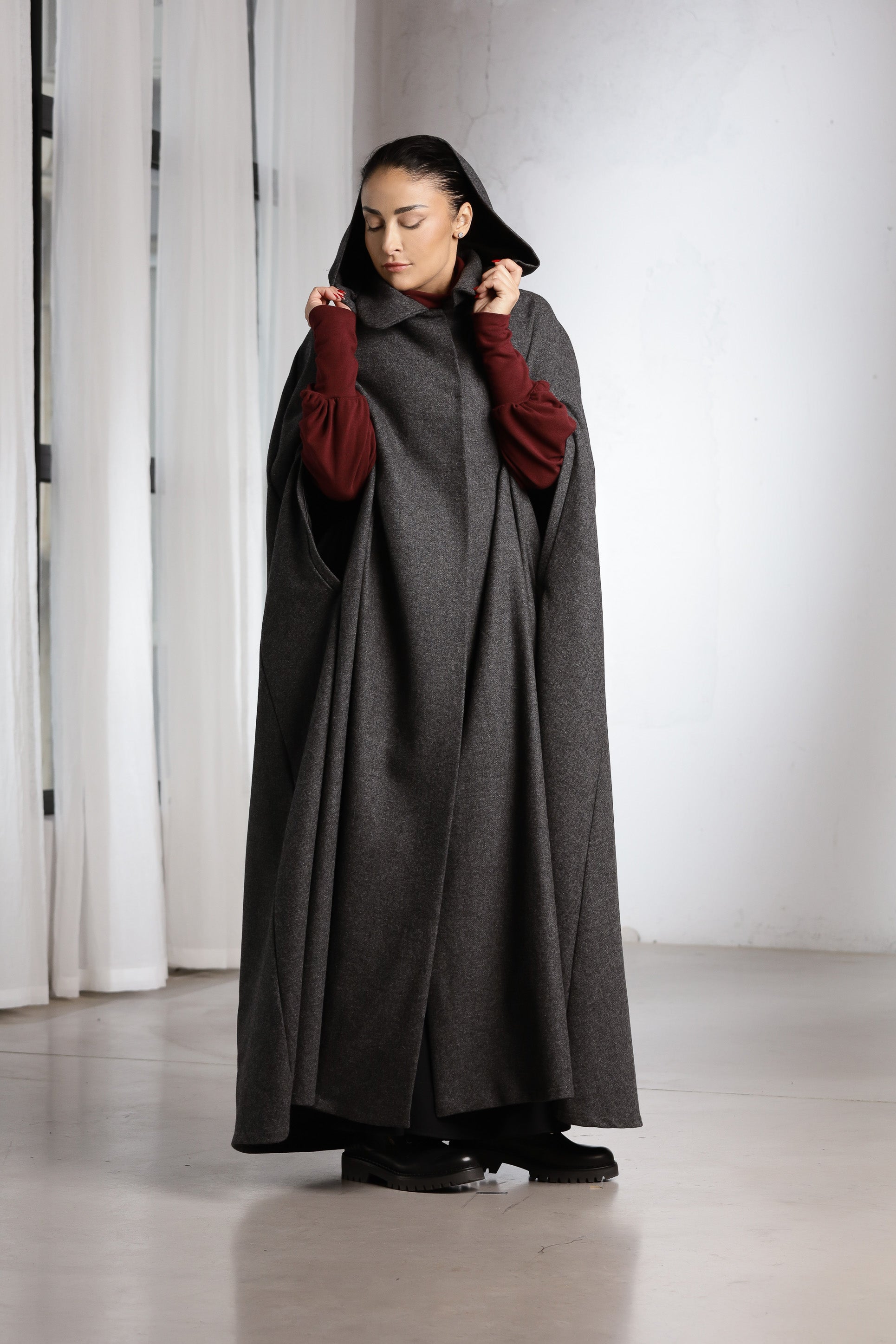 Wool Hooded Cape for Women – Medieval Inspired Maxi Coat