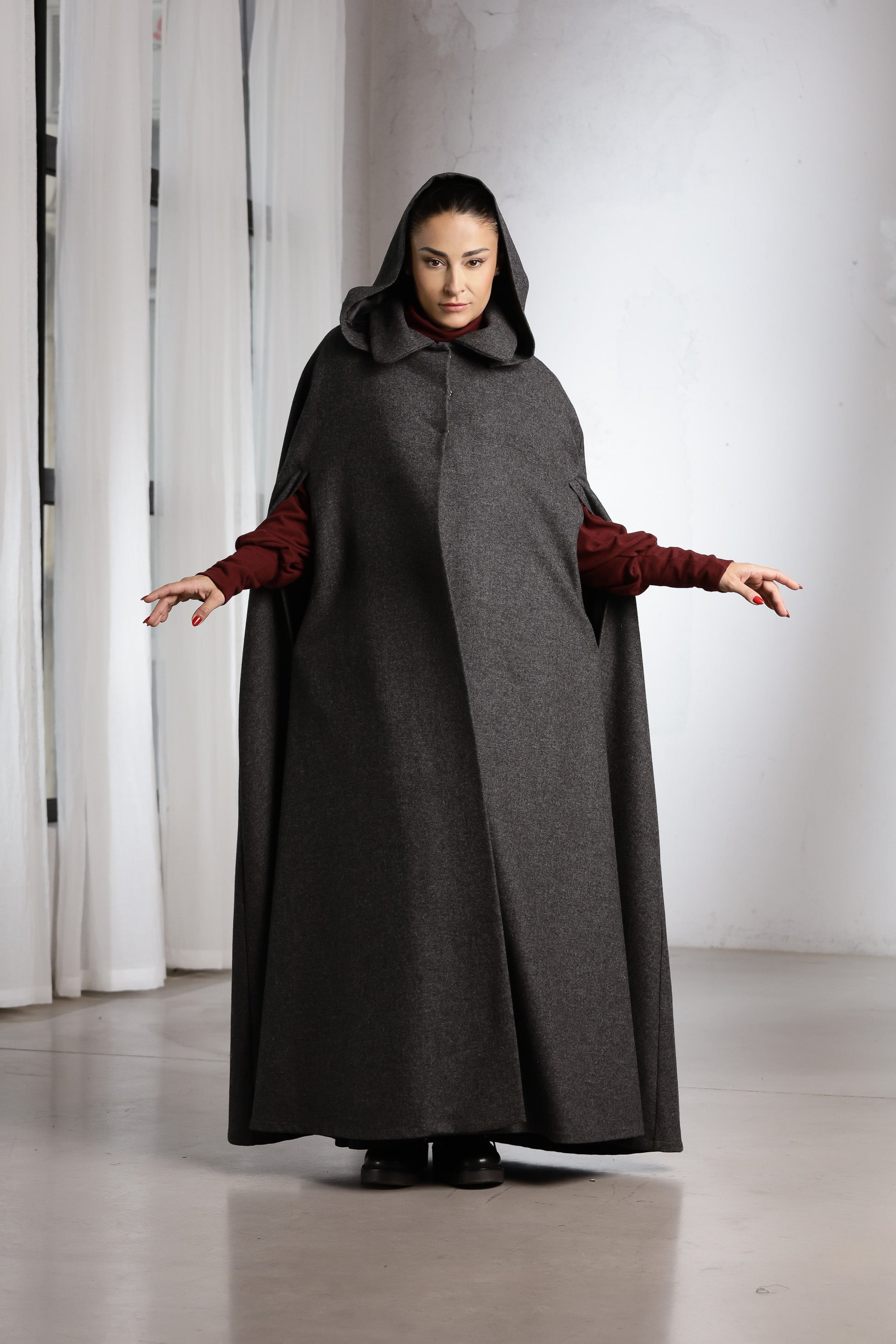 Wool Hooded Cape for Women – Medieval Inspired Maxi Coat