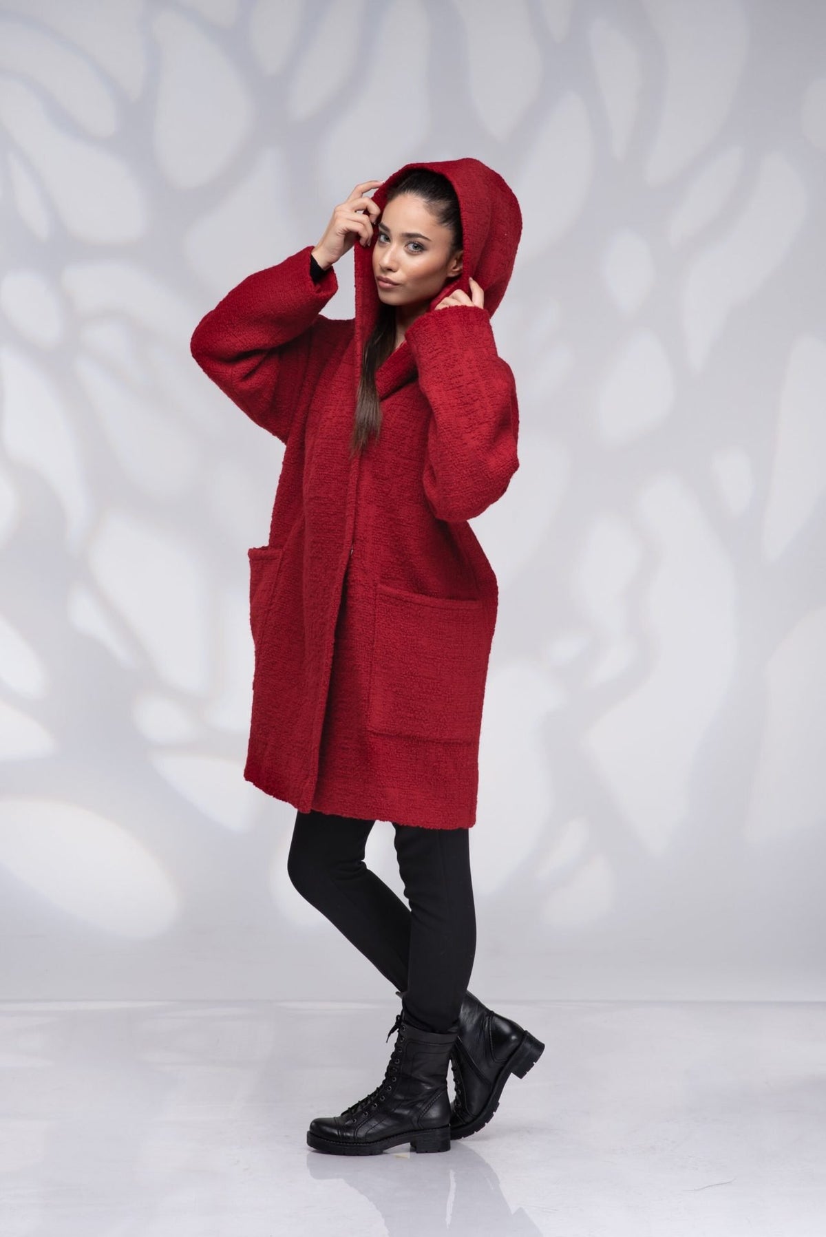 Wool Oversized Short Red Coat with Lining